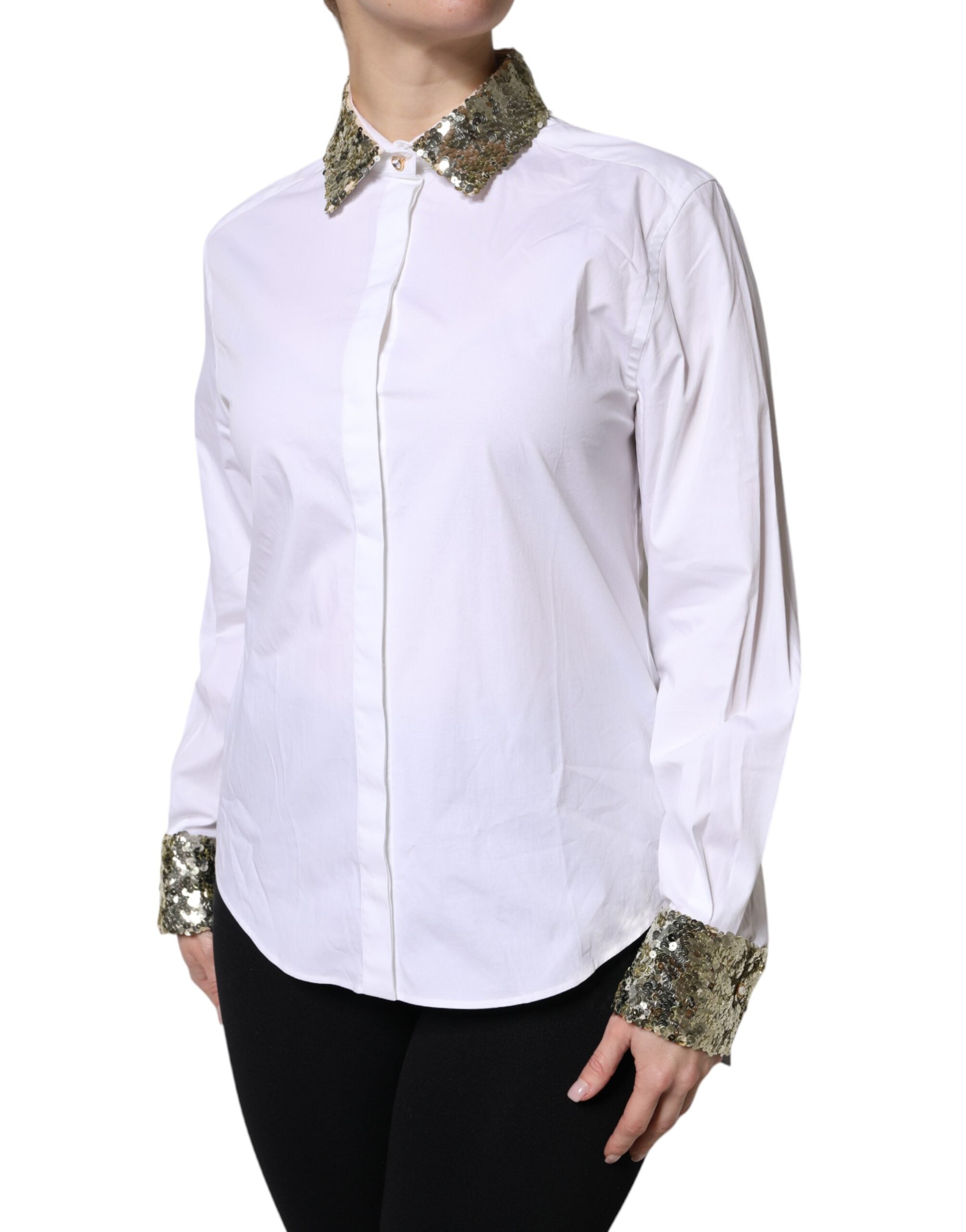 New Dolce & Gabbana White Cotton Long Sleeves Sequin Shirt Top