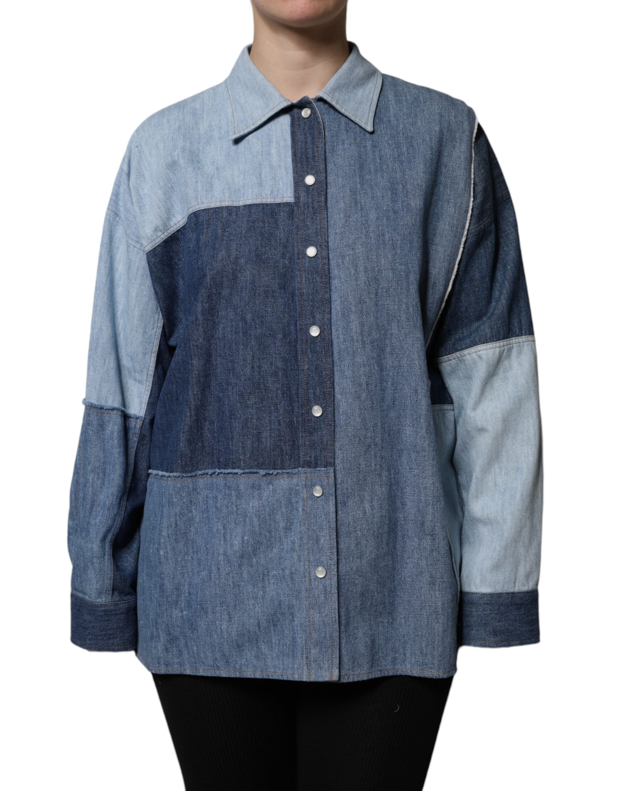 New Dolce & Gabbana Blue Cotton Button Up Collared Long Sleeve Top