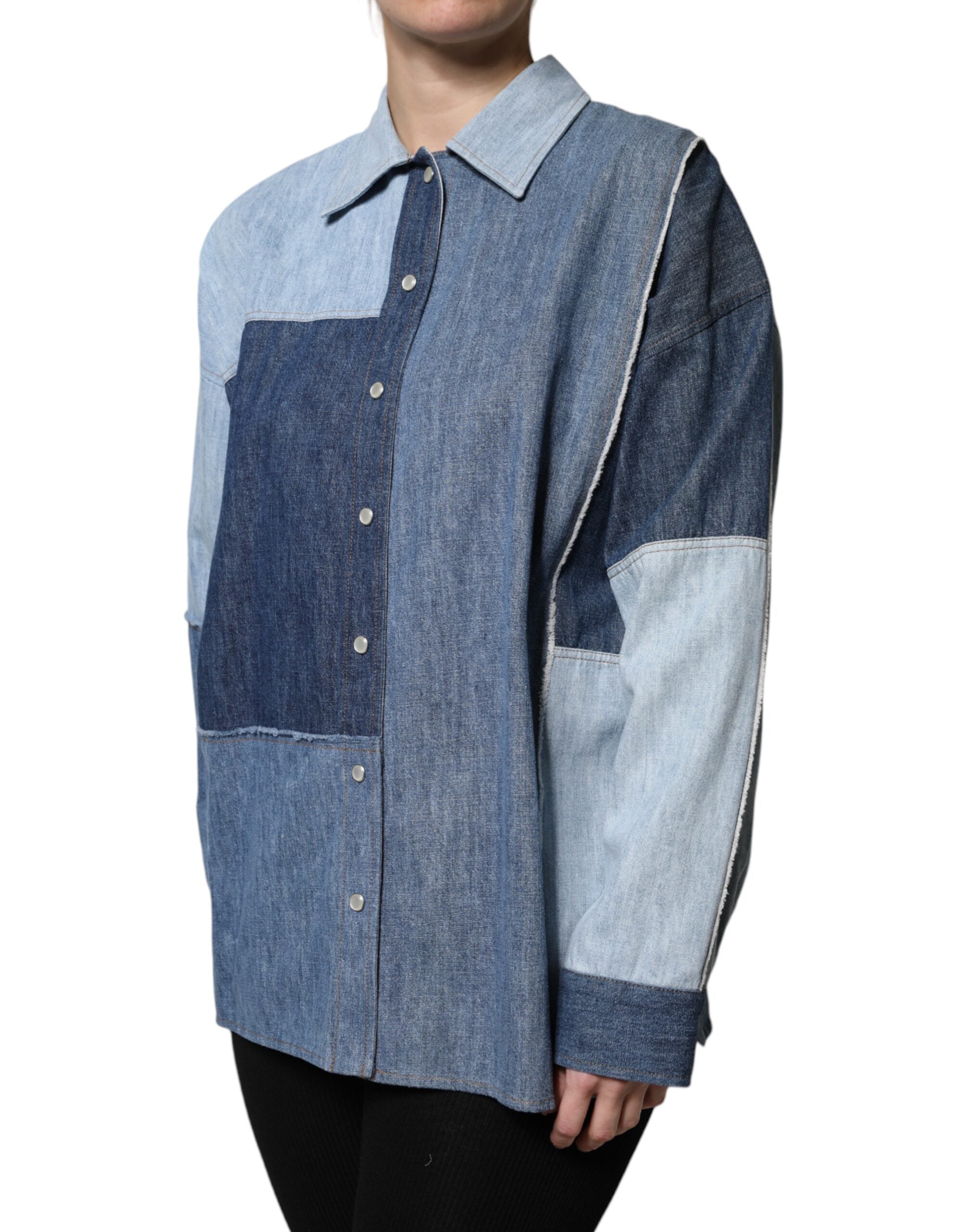 New Dolce & Gabbana Blue Cotton Button Up Collared Long Sleeve Top