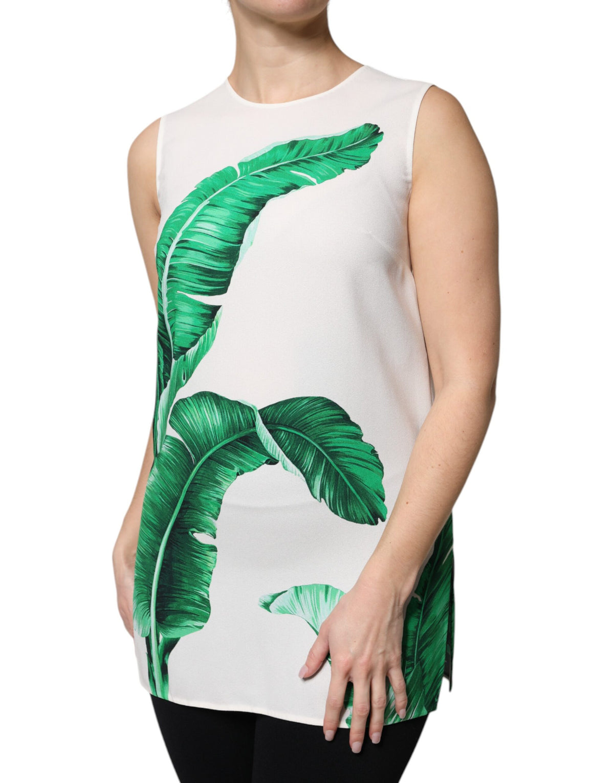 New Dolce & Gabbana White Banana Leaf Print Round Neck Tank Top