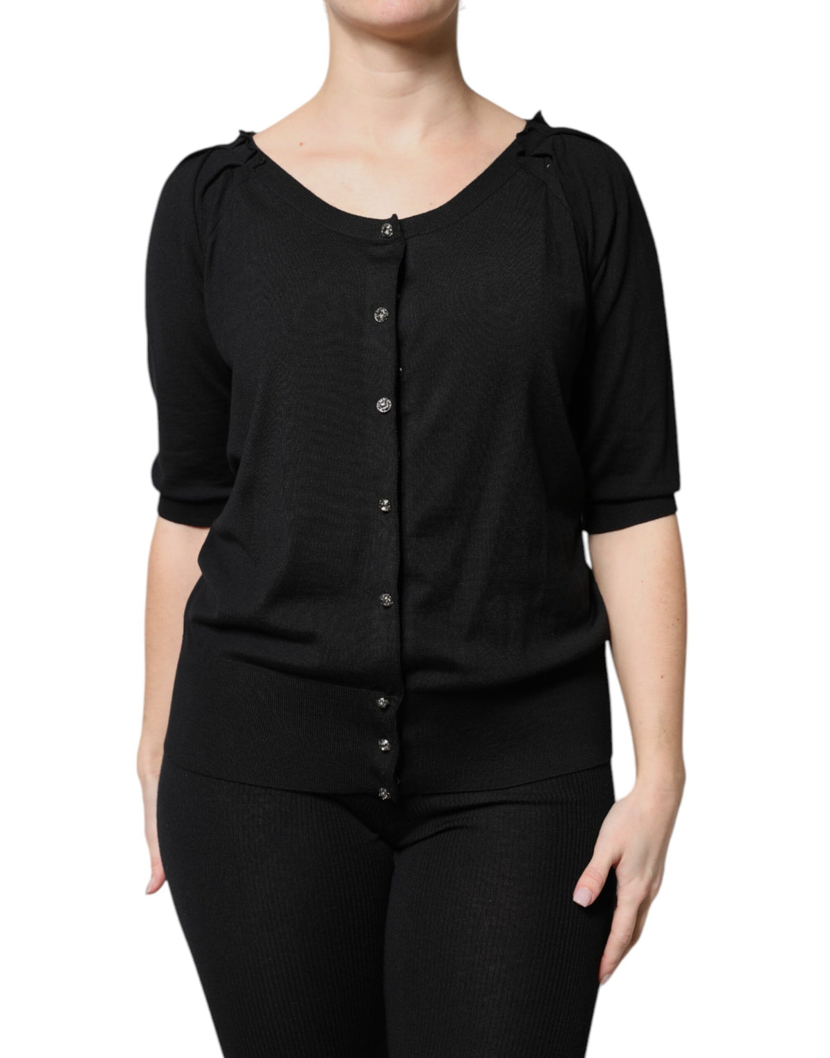 New Dolce & Gabbana Black Button Down Short Sleeve Blouse Top