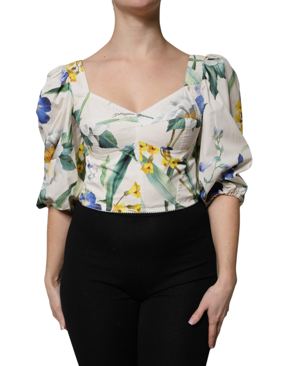 New Dolce & Gabbana White Floral Puff Sleeves Crop Blouse Top