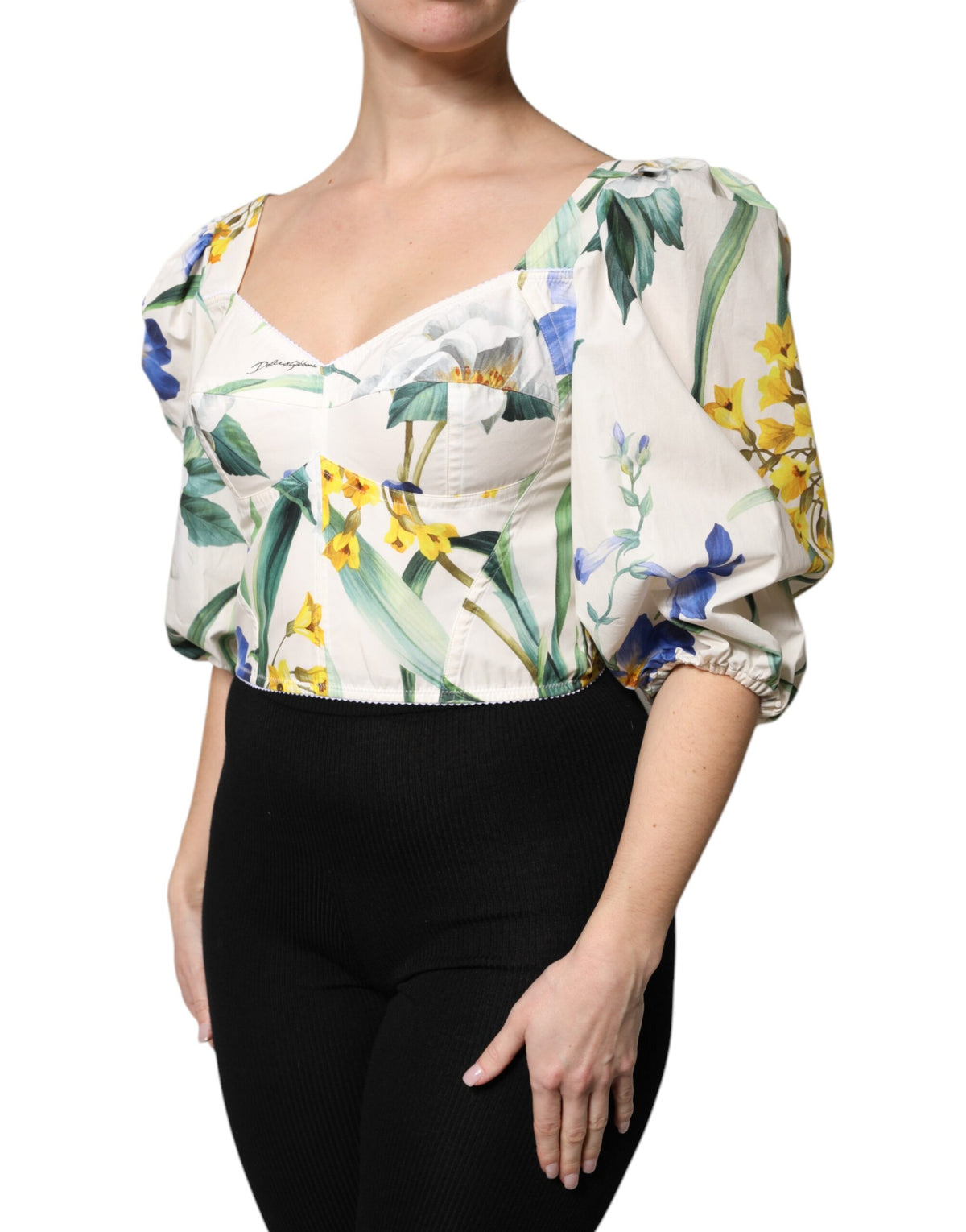 New Dolce & Gabbana White Floral Puff Sleeves Crop Blouse Top