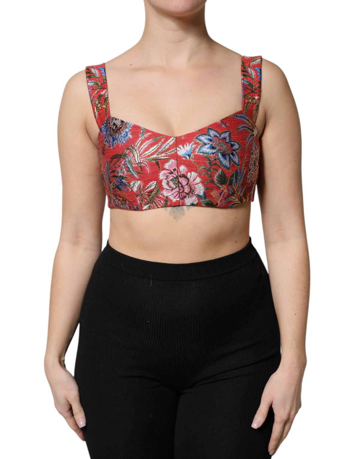 New Dolce & Gabbana Red Floral Brocade Cropped Bustier Corset Top