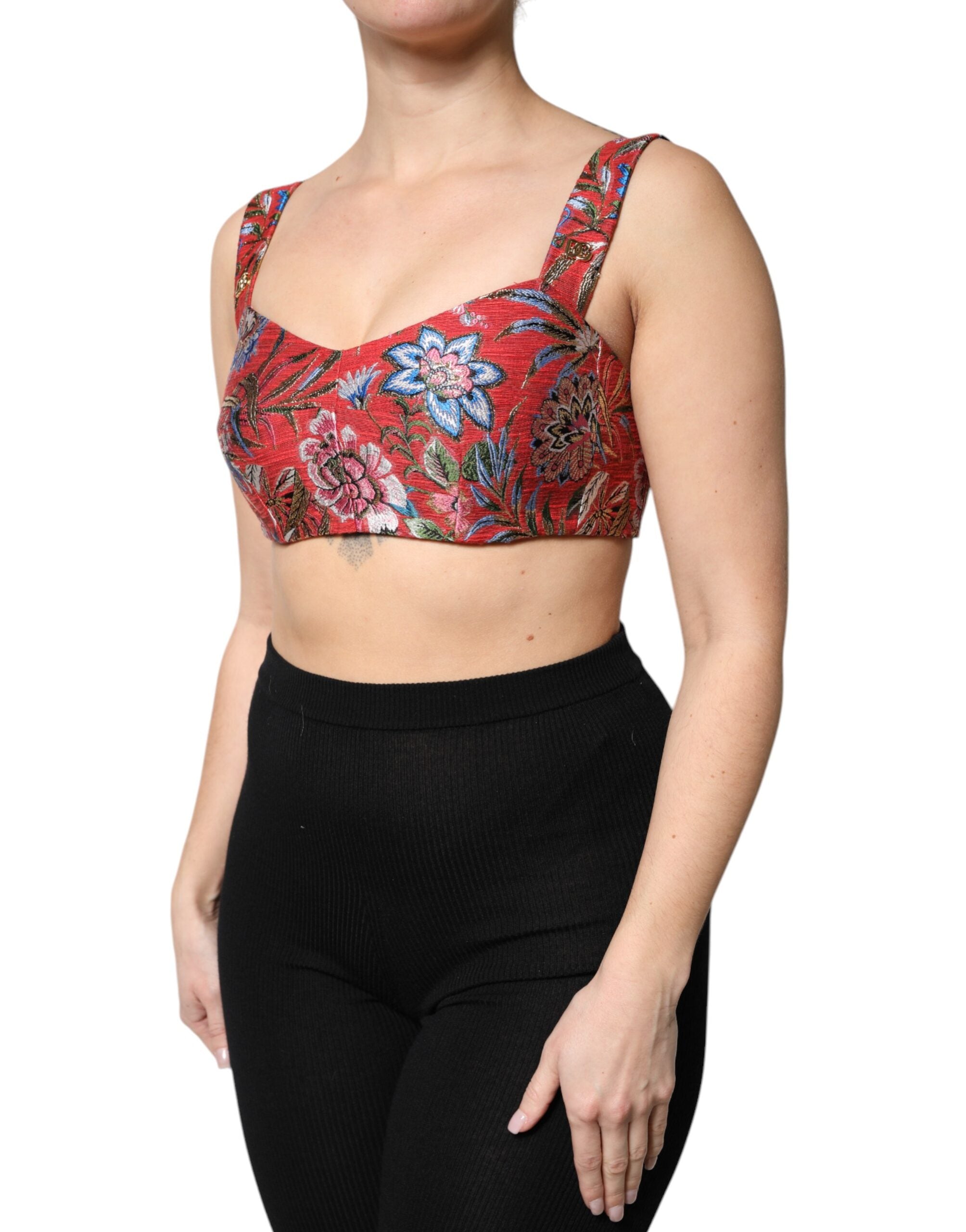 New Dolce & Gabbana Red Floral Brocade Cropped Bustier Corset Top