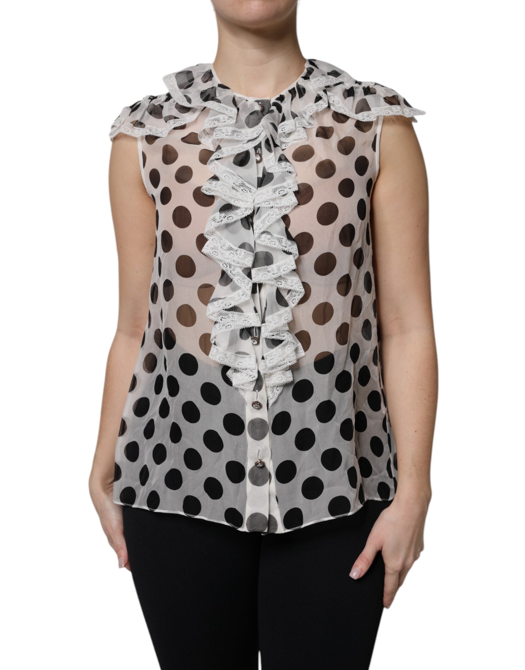 New Dolce & Gabbana White Black Polka Dot Cotton Sleeveless Top