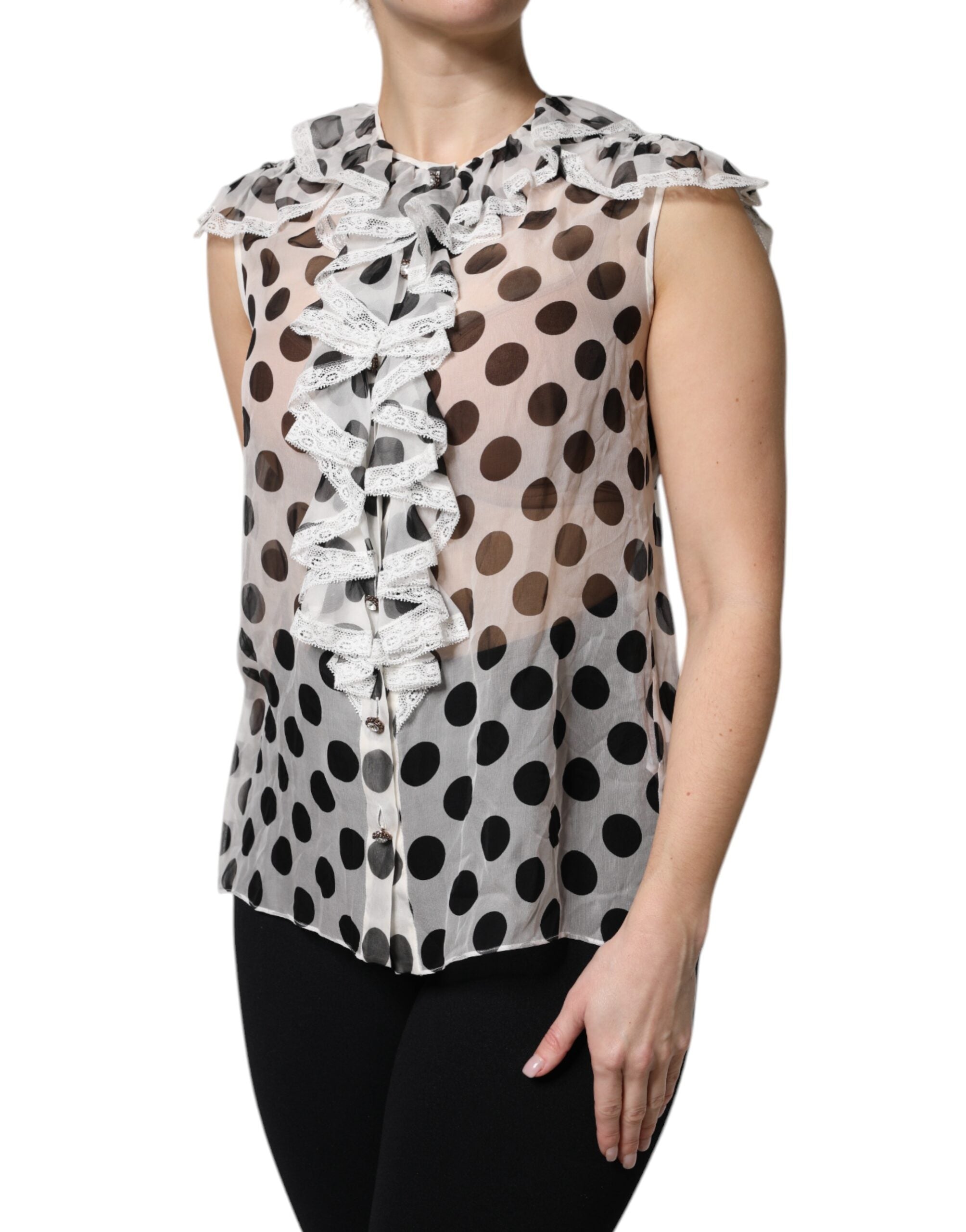 New Dolce & Gabbana White Black Polka Dot Cotton Sleeveless Top
