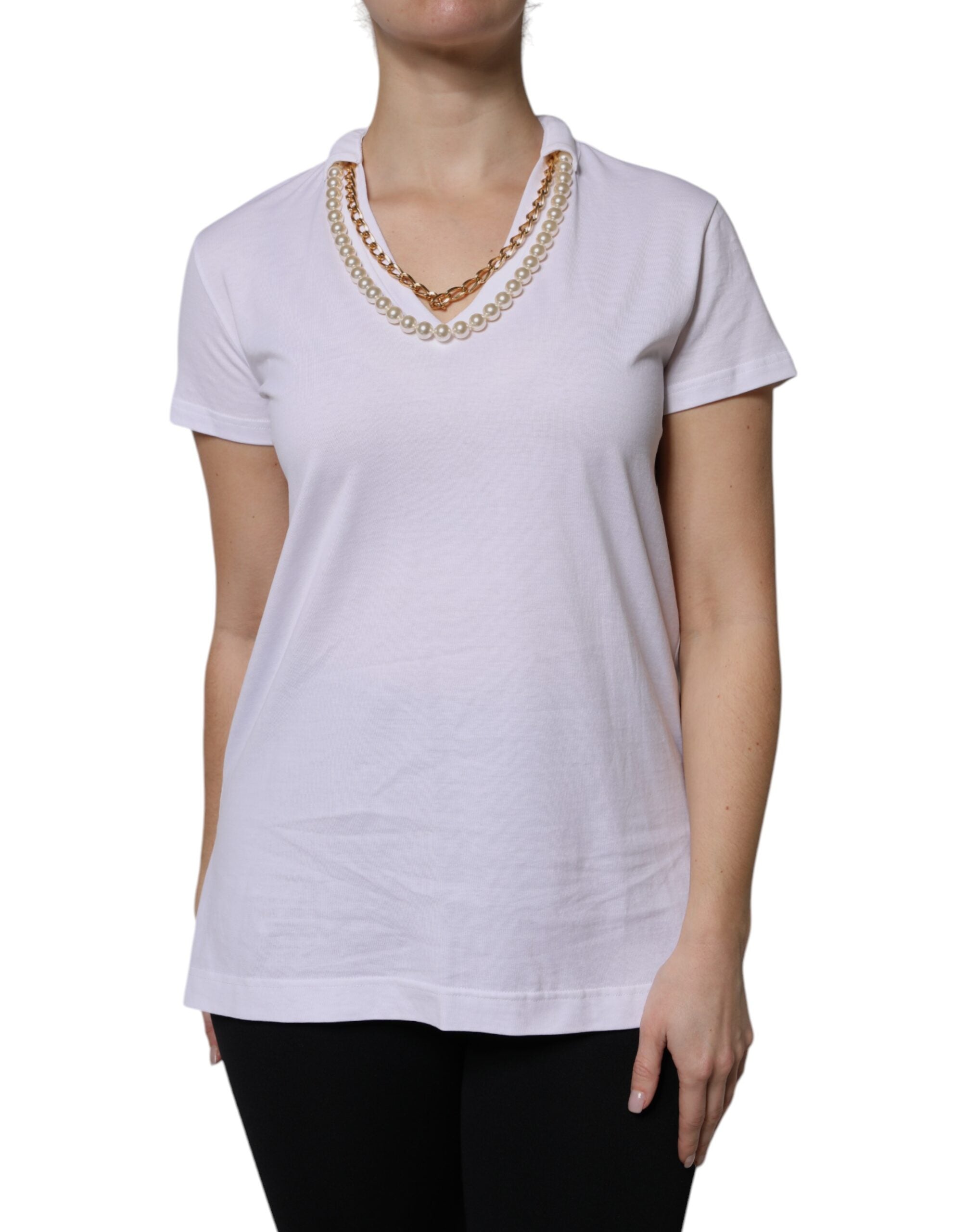New Dolce & Gabbana White Necklace Cotton Short Sleeve T-shirt