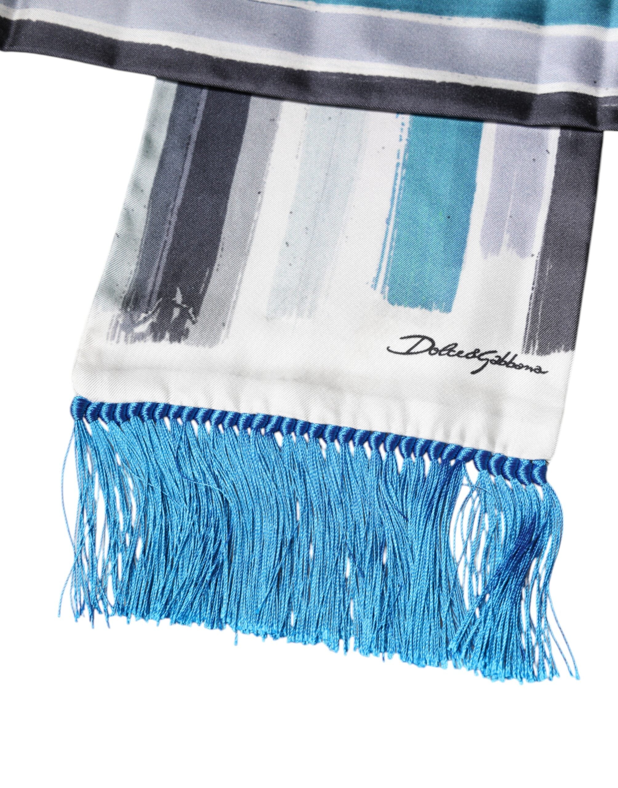 New Dolce & Gabbana Stripes Silk Fringes Neck Foulard Scarf