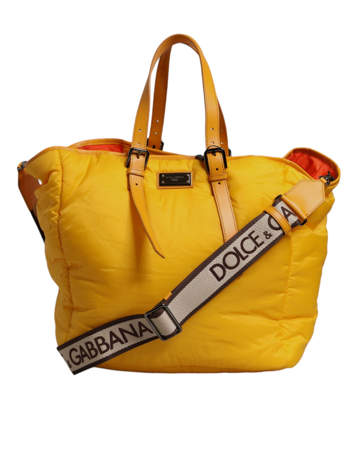 New Dolce & Gabbana Yellow Orange Nylon Logo Plaque Hand Shoulder Duffle Bag