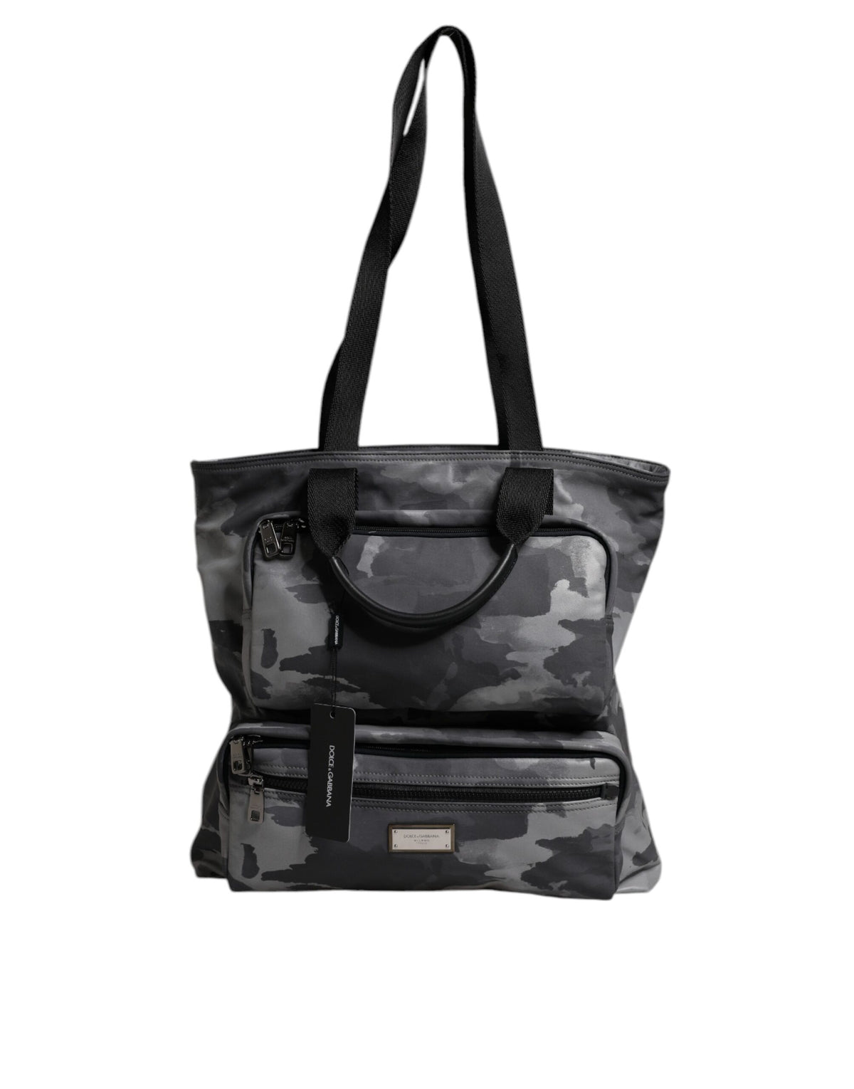 New Dolce & Gabbana Gray Camo Cotton Multiple Compartments Tote Bag