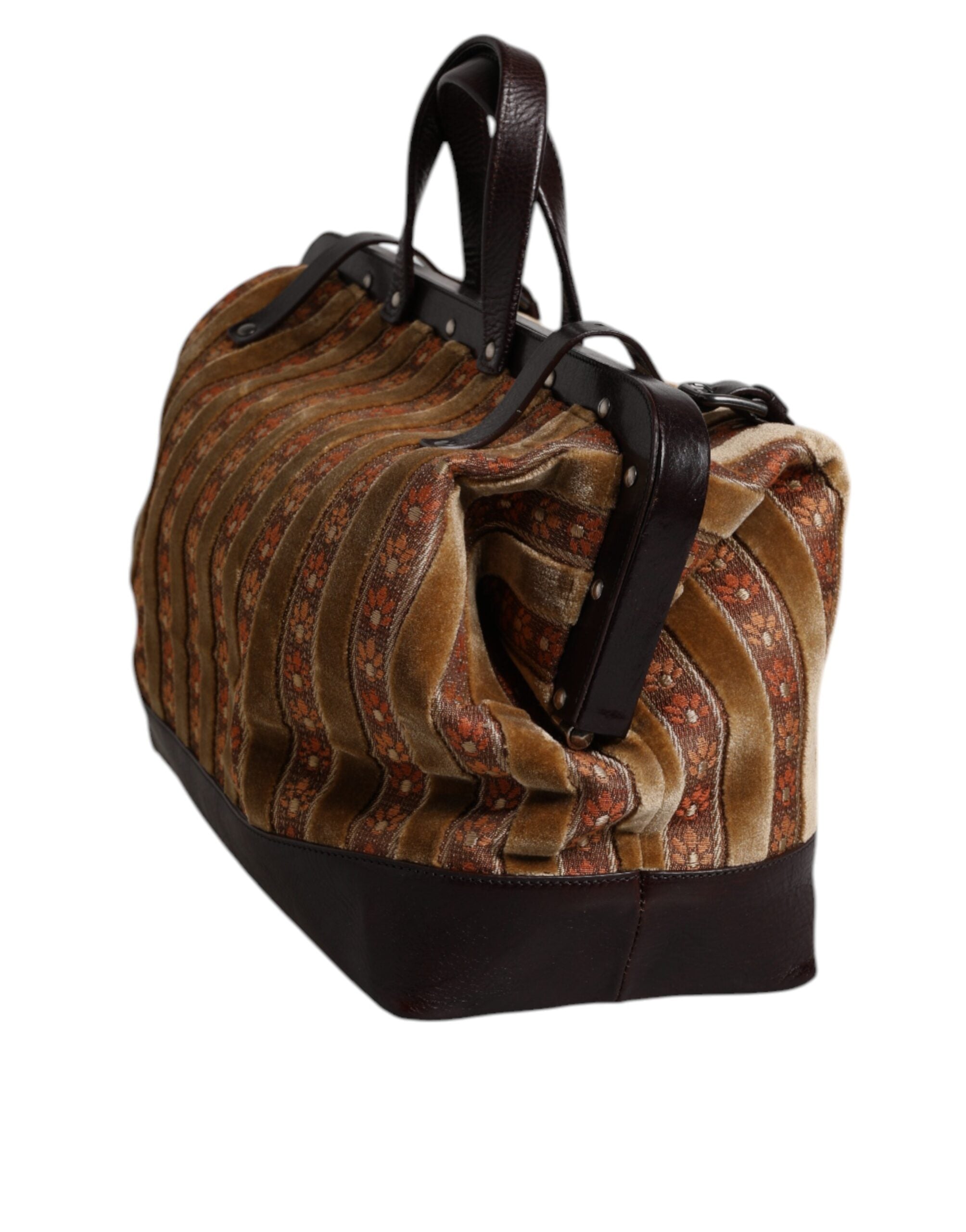 Dolce & Gabbana Beige Maroon Velvet Leather Jacquard Travel Handbag Bag