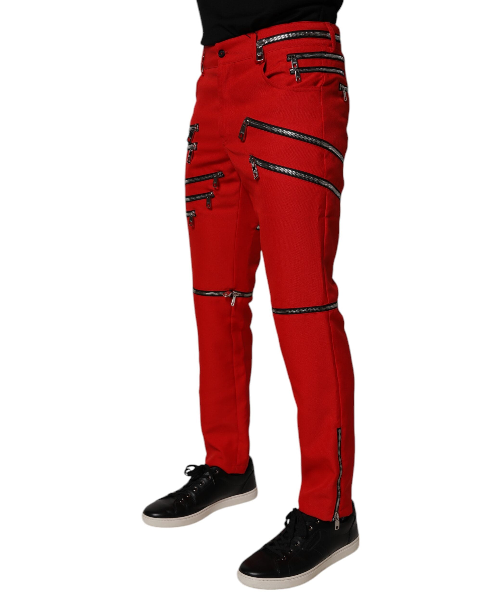 New Dolce & Gabbana Red Zipper Embellished Straight Pants