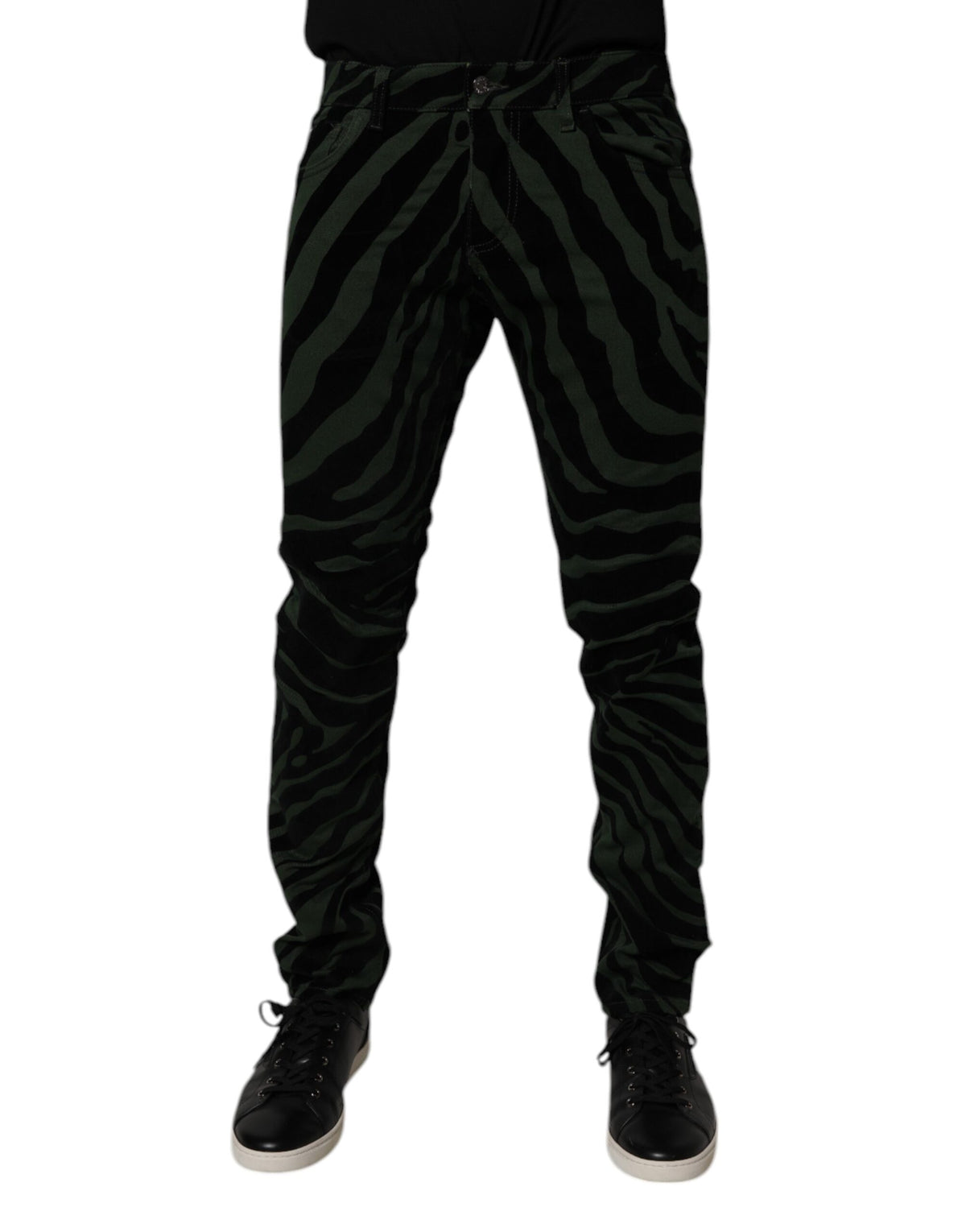 New Dolce & Gabbana Black Green Stripes Cotton Skinny Denim Jeans