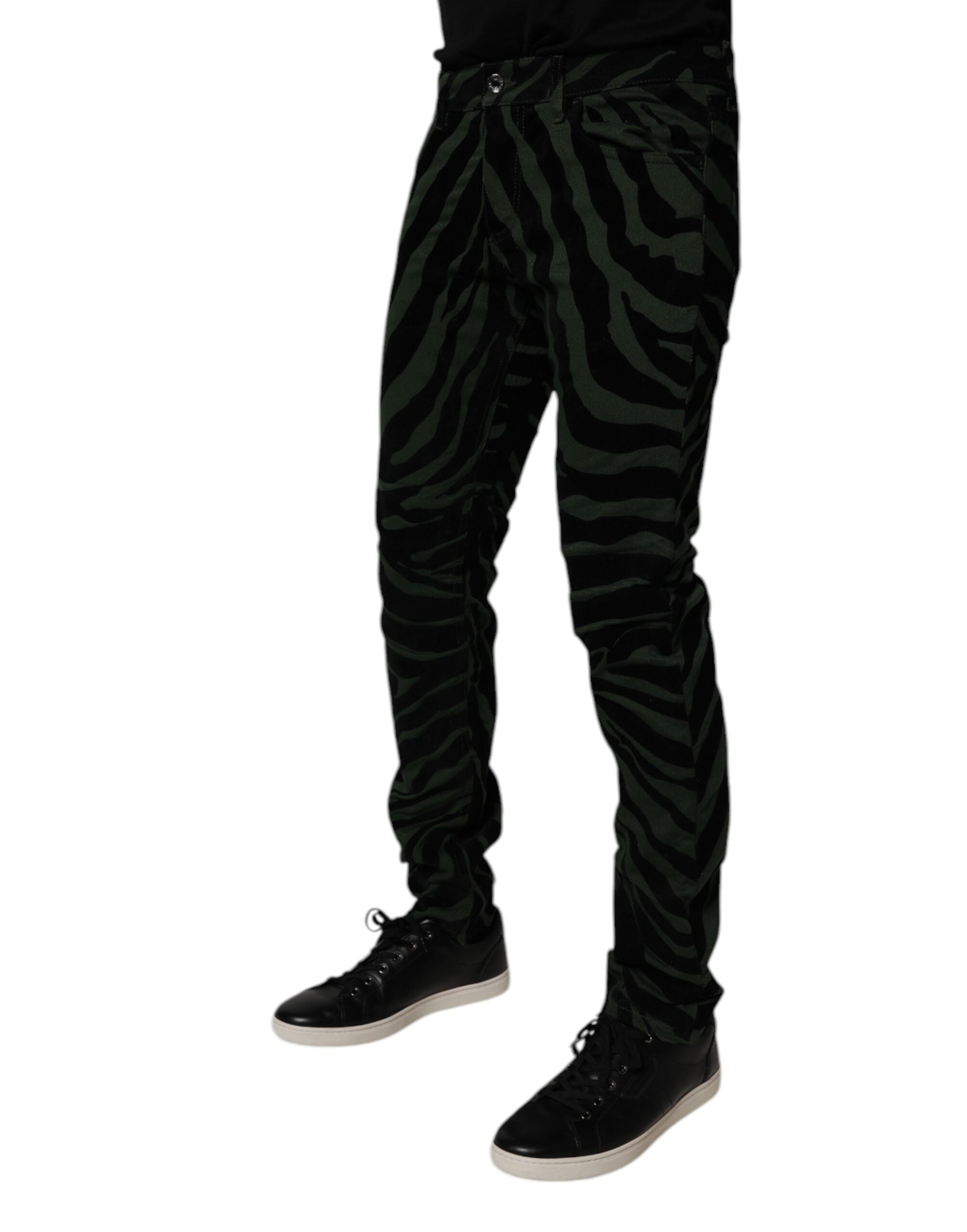 New Dolce & Gabbana Black Green Stripes Cotton Skinny Denim Jeans