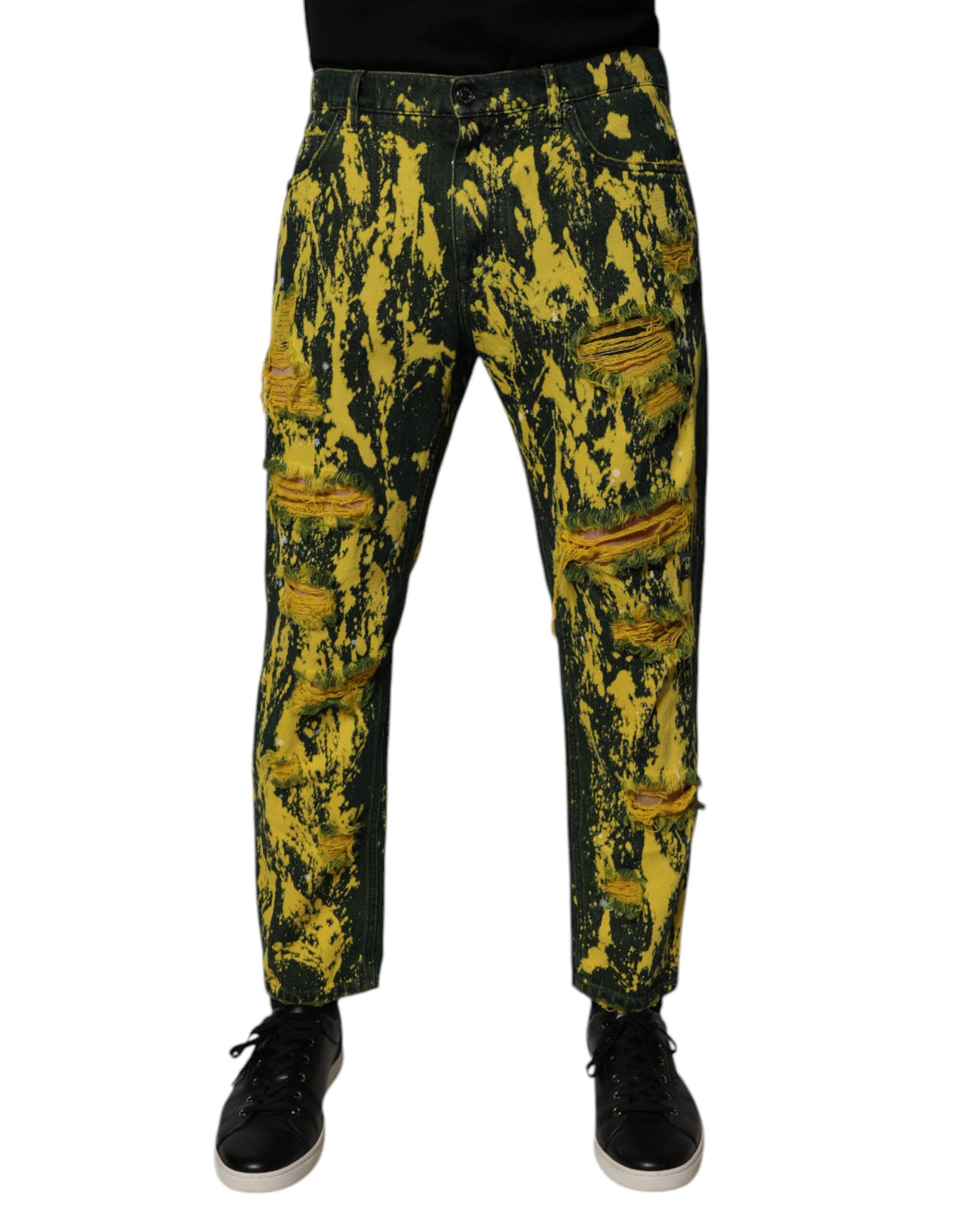 New Dolce & Gabbana Black Green Tie Dye Tattered Skinny Men Denim Jeans
