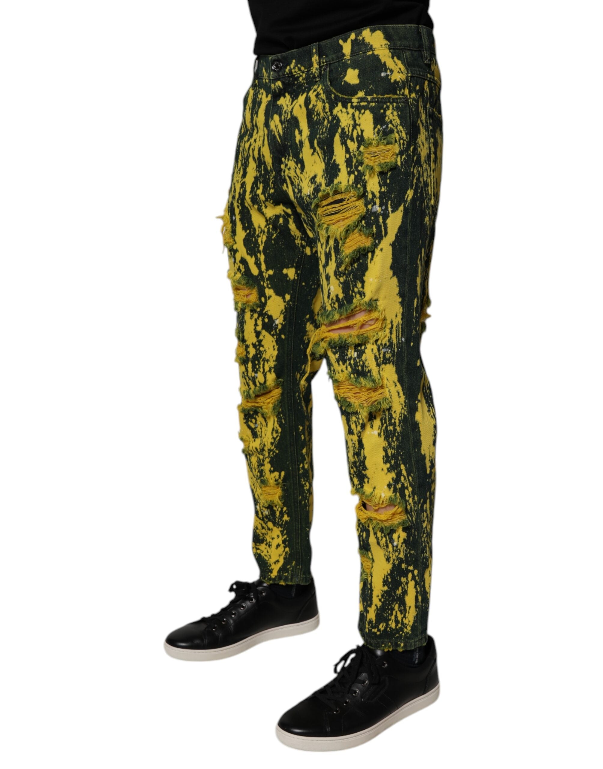 New Dolce & Gabbana Black Green Tie Dye Tattered Skinny Men Denim Jeans