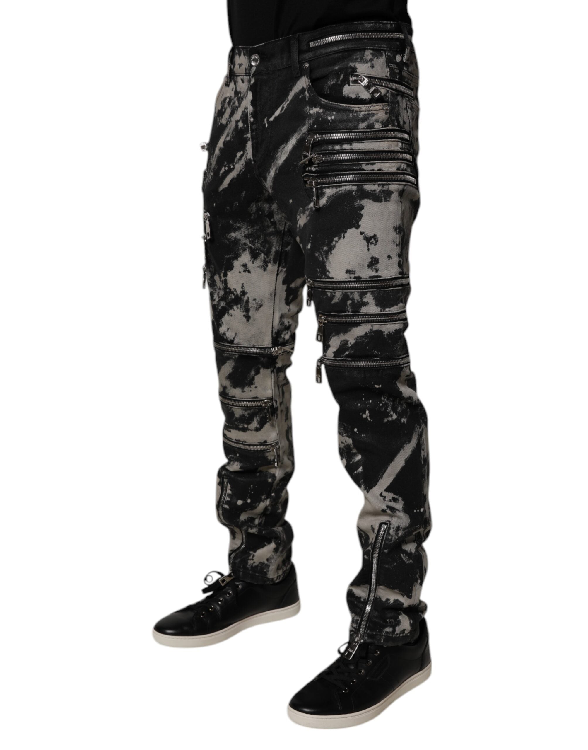 New Dolce & Gabbana Dark Gray Tie Dye Cotton Skinny Zip Denim Jeans