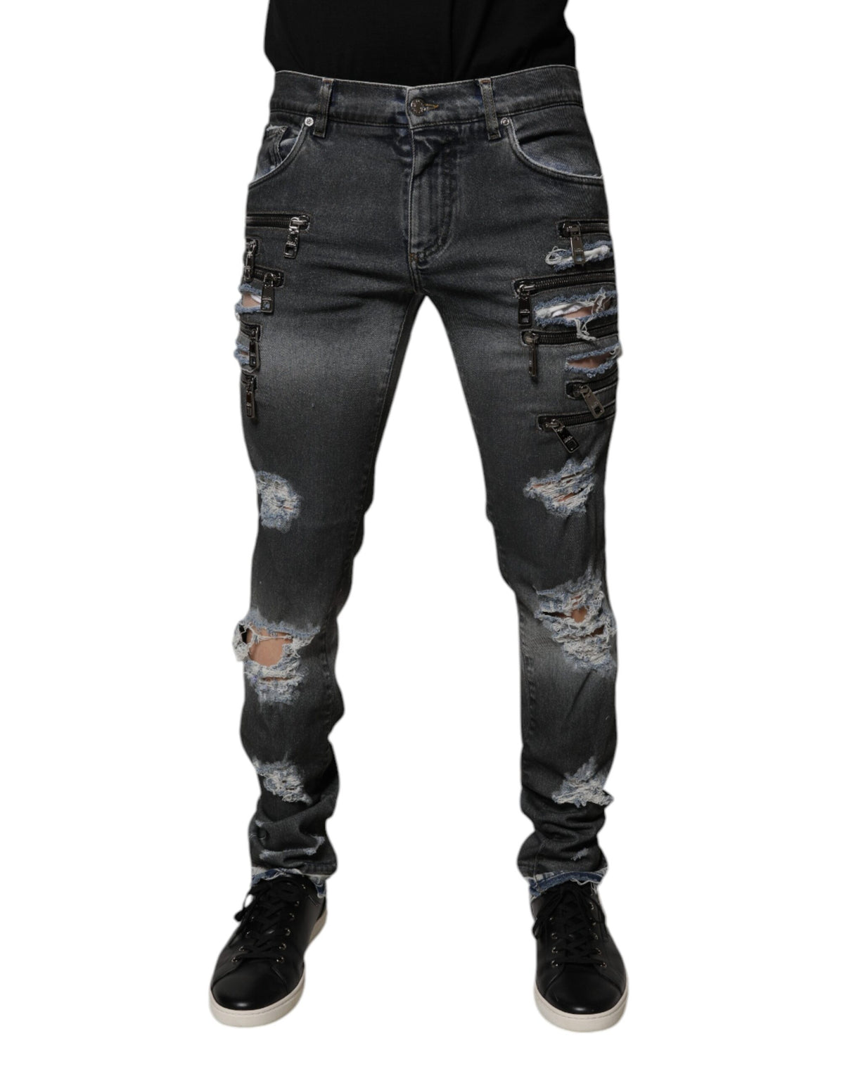 New Dolce & Gabbana Dark Gray Tattered Cotton Skinny Denim Jeans