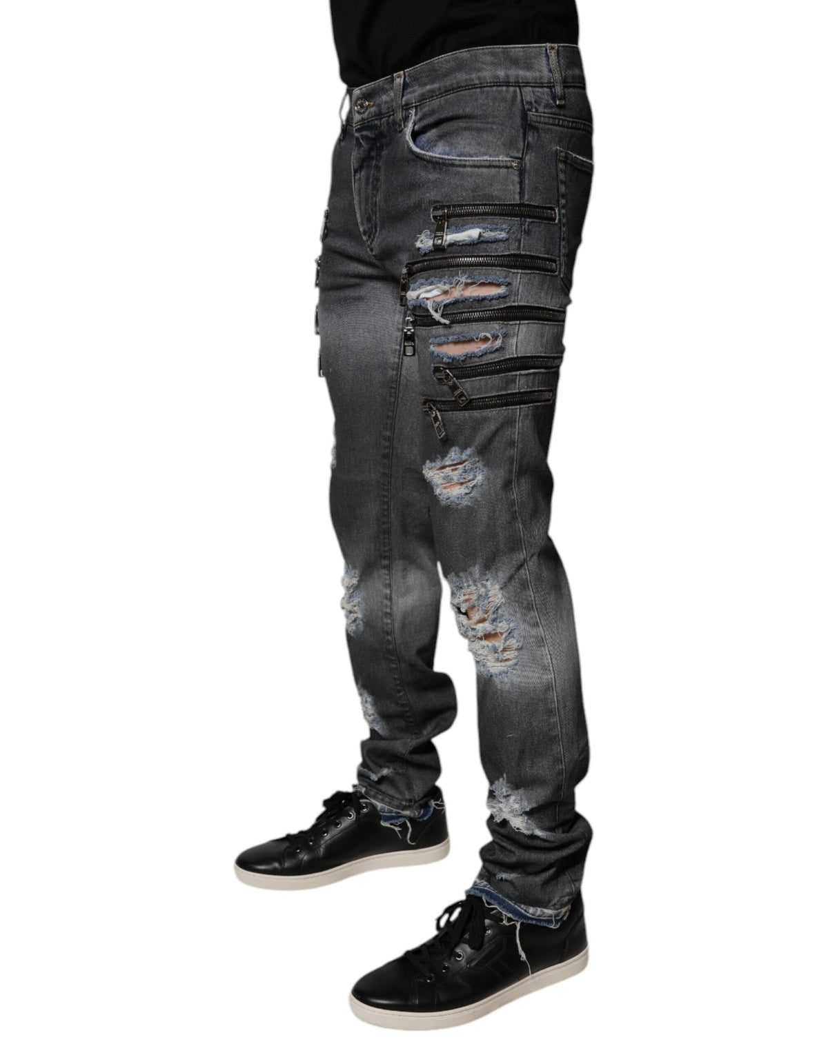 New Dolce & Gabbana Dark Gray Tattered Cotton Skinny Denim Jeans