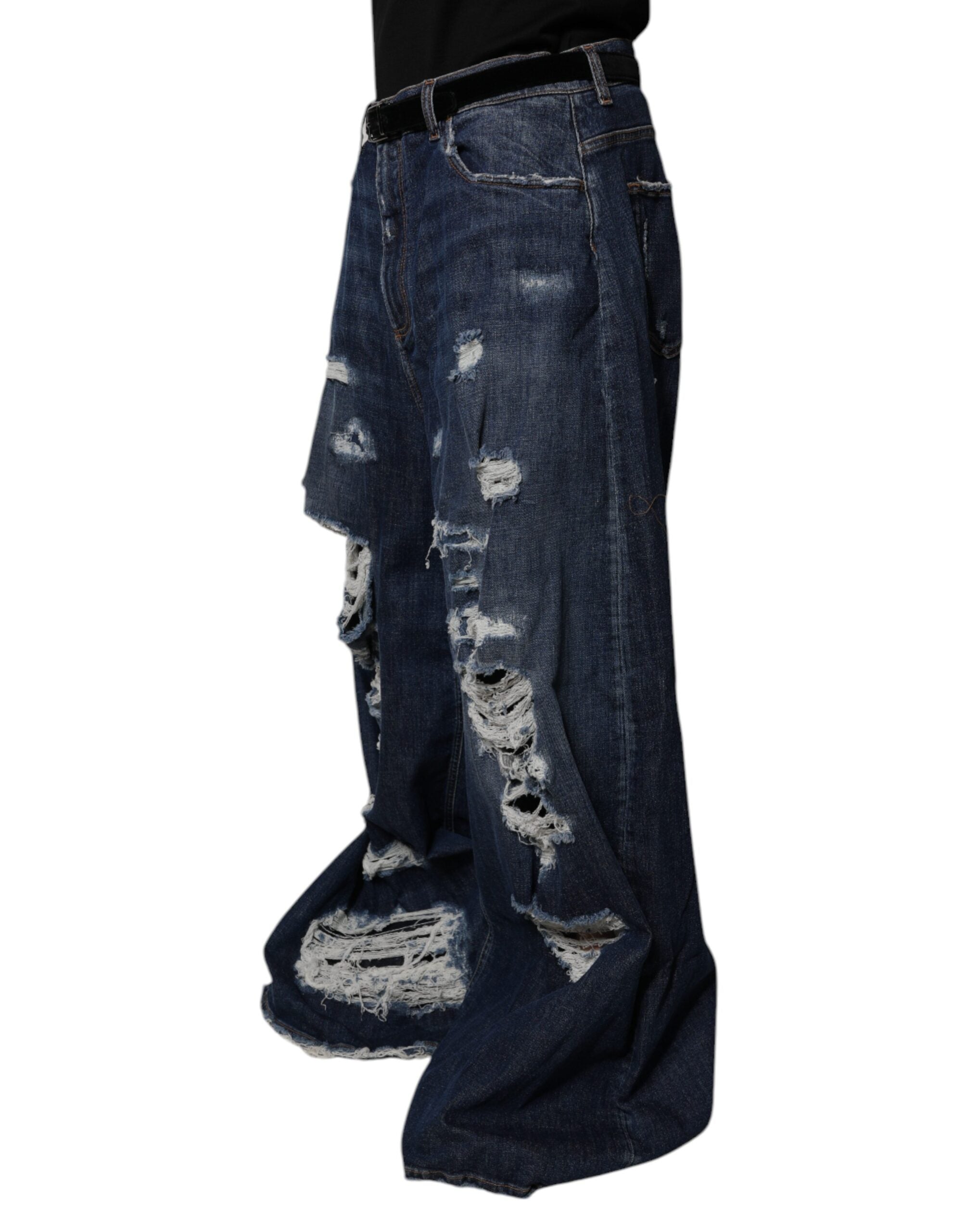 Dolce & Gabbana Dark Blue Tattered Wide Leg Men Denim Jeans