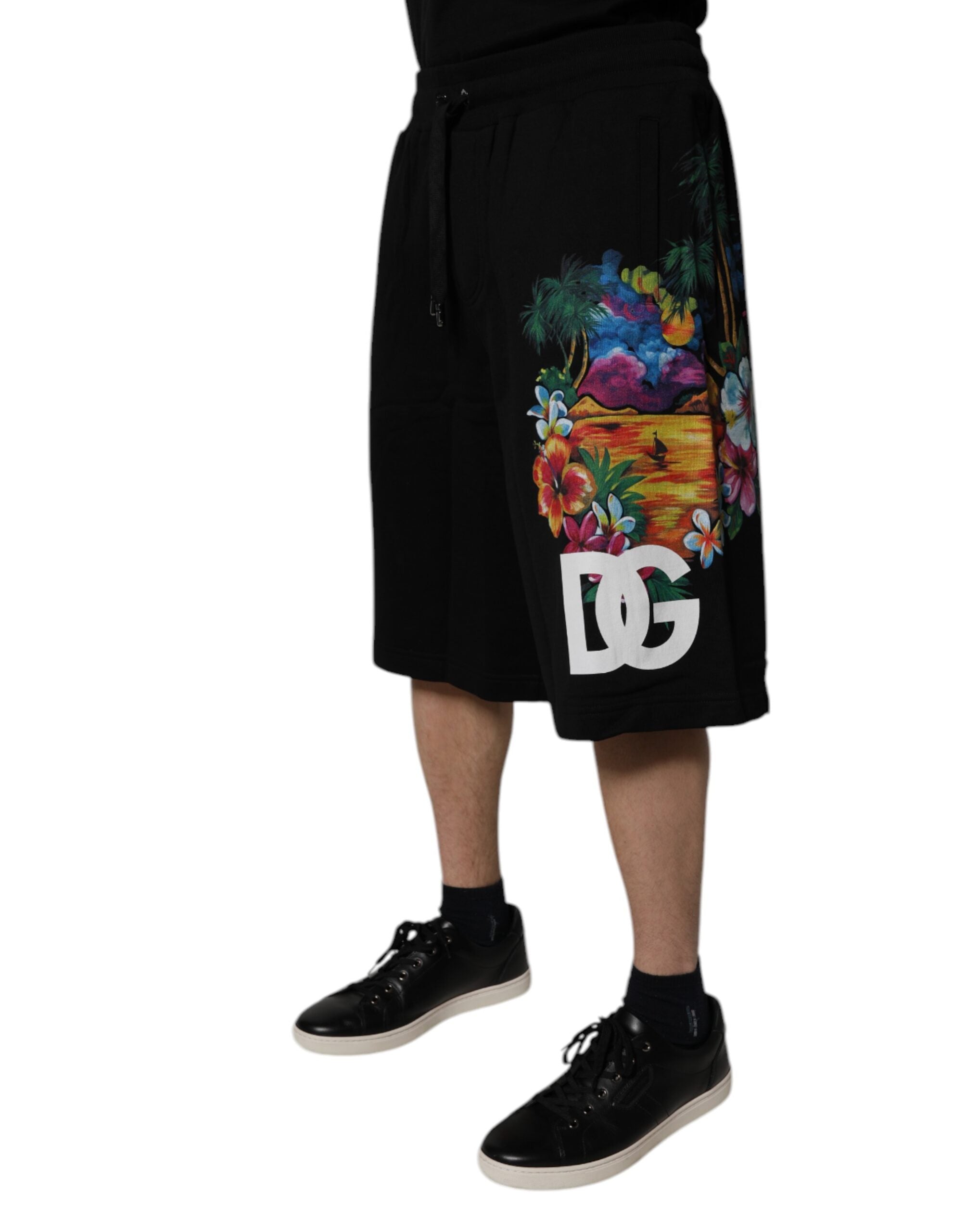 New Dolce & Gabbana Black Cotton Logo Floral Print Bermuda Shorts
