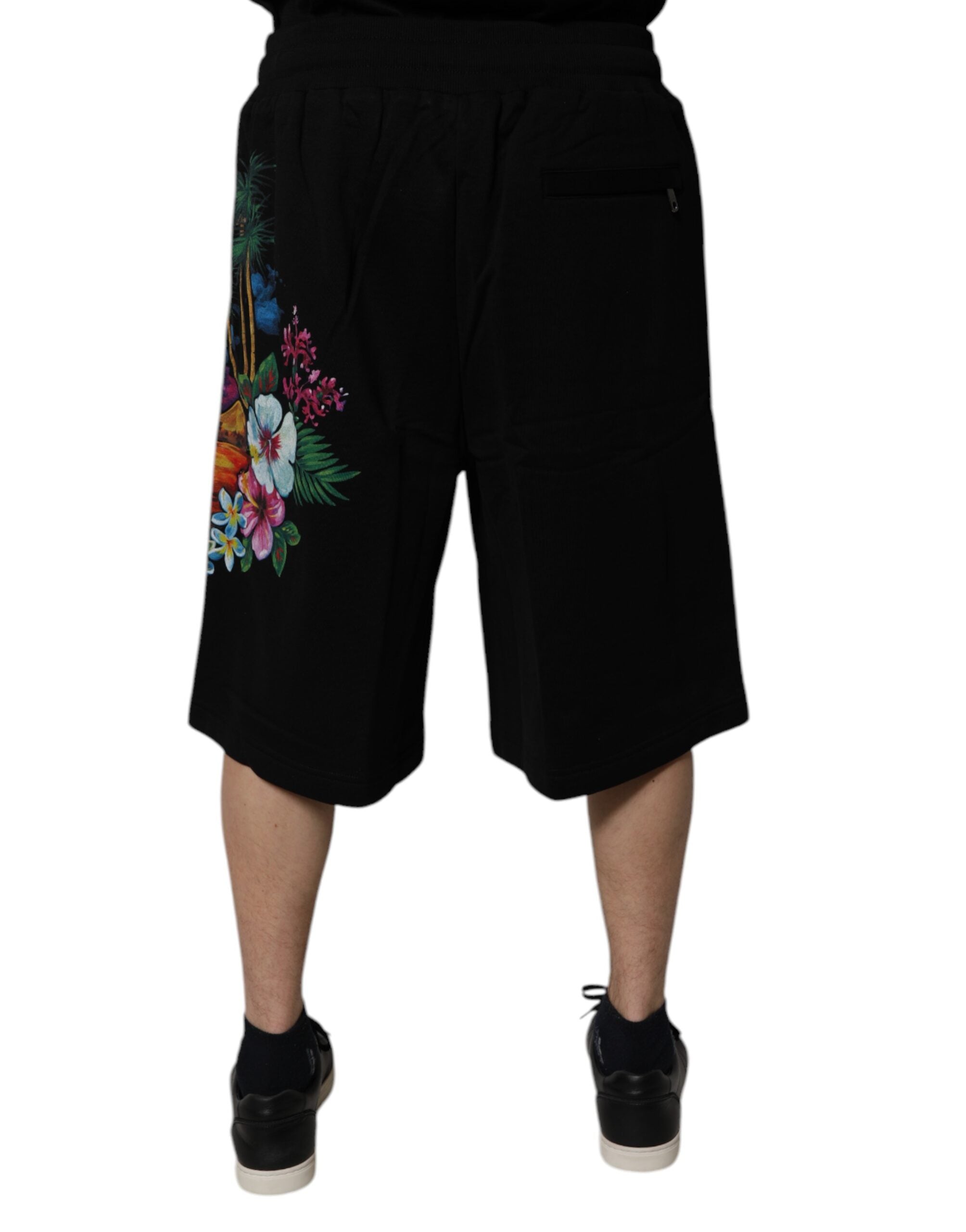 New Dolce & Gabbana Black Cotton Logo Floral Print Bermuda Shorts