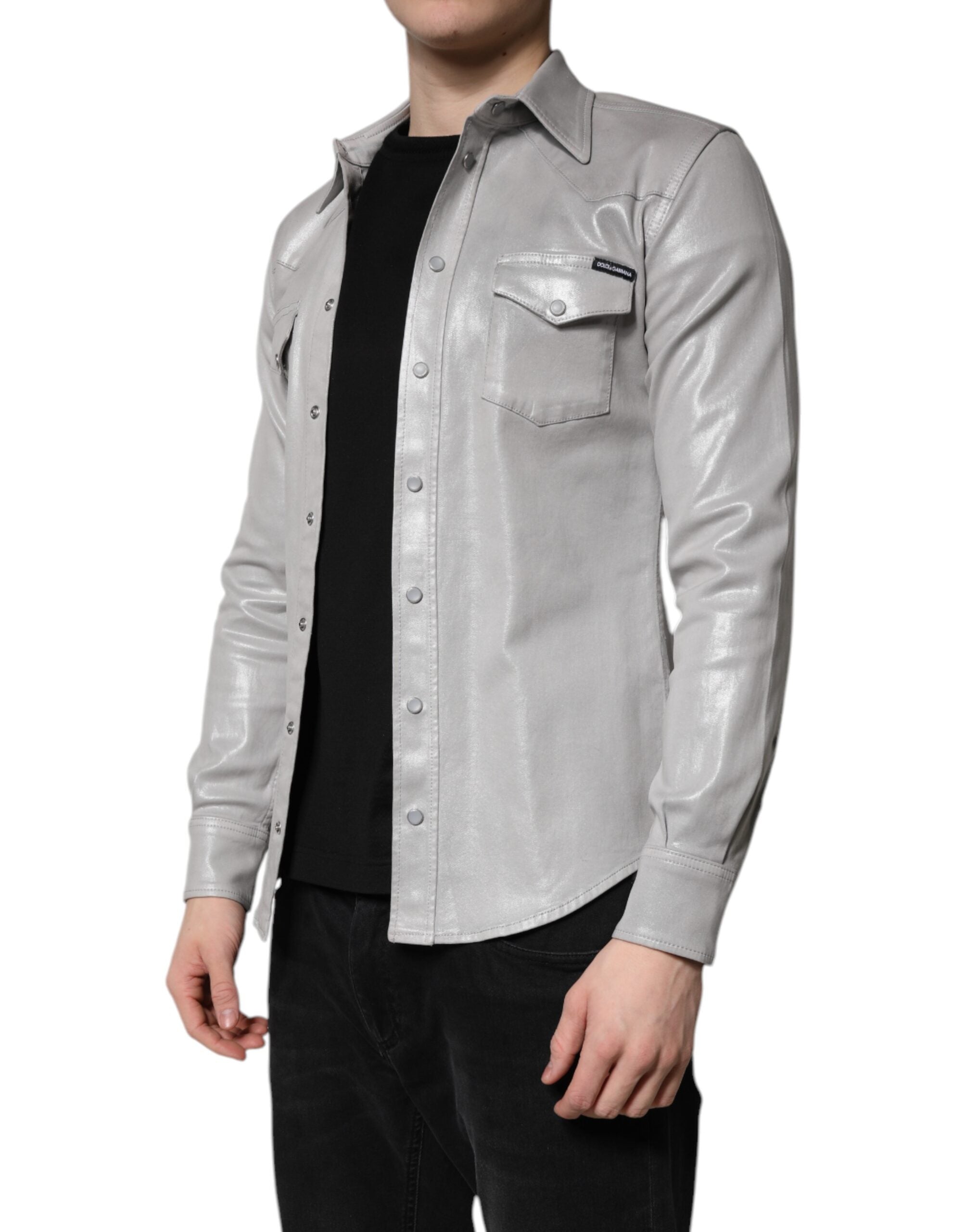 New Dolce & Gabbana Metallic Gray Cotton Button Down Shirt