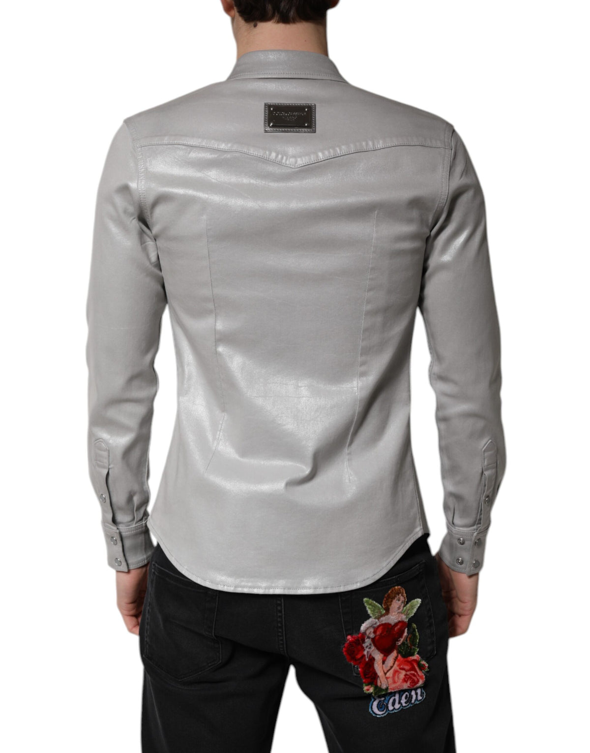 New Dolce & Gabbana Metallic Gray Cotton Button Down Shirt