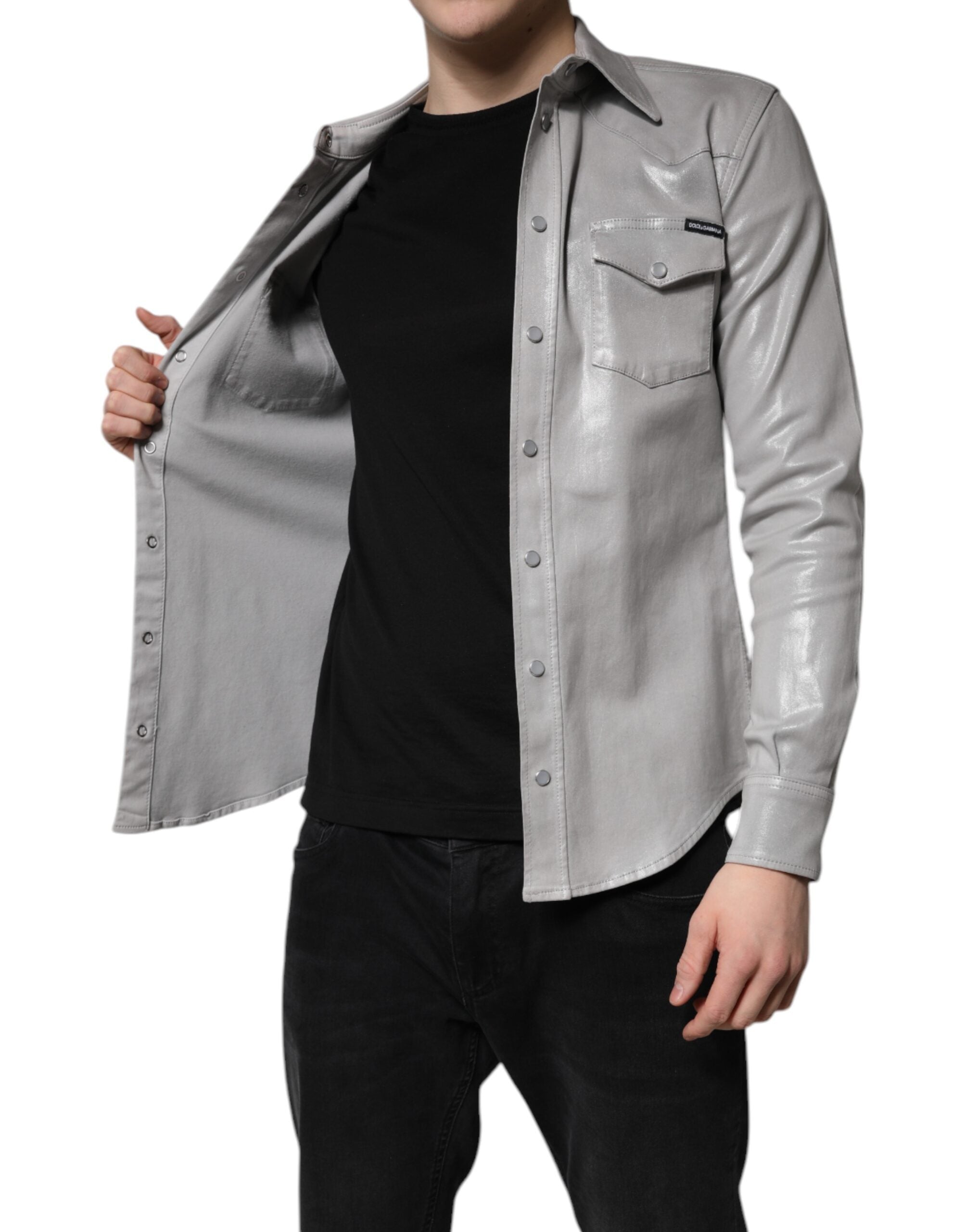 New Dolce & Gabbana Metallic Gray Cotton Button Down Shirt