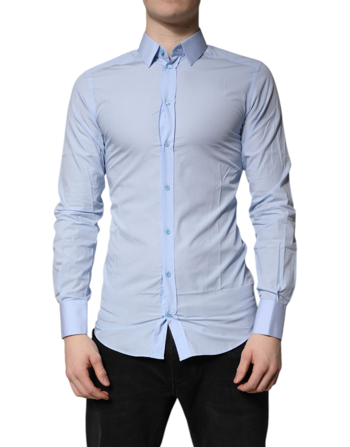 New Dolce & Gabbana Light Blue Cotton GOLD Dress Formal Shirt