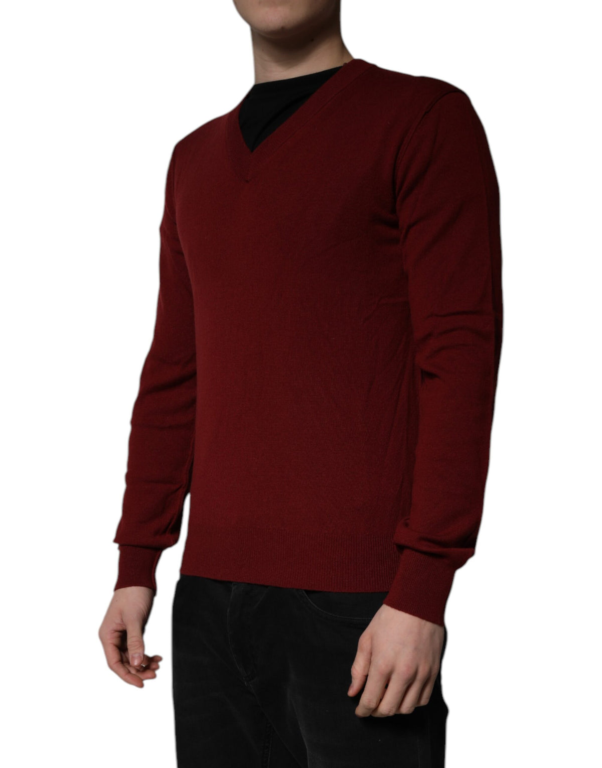 New Dolce & Gabbana Maroon Cashmere V-neck Men Pullover Sweater