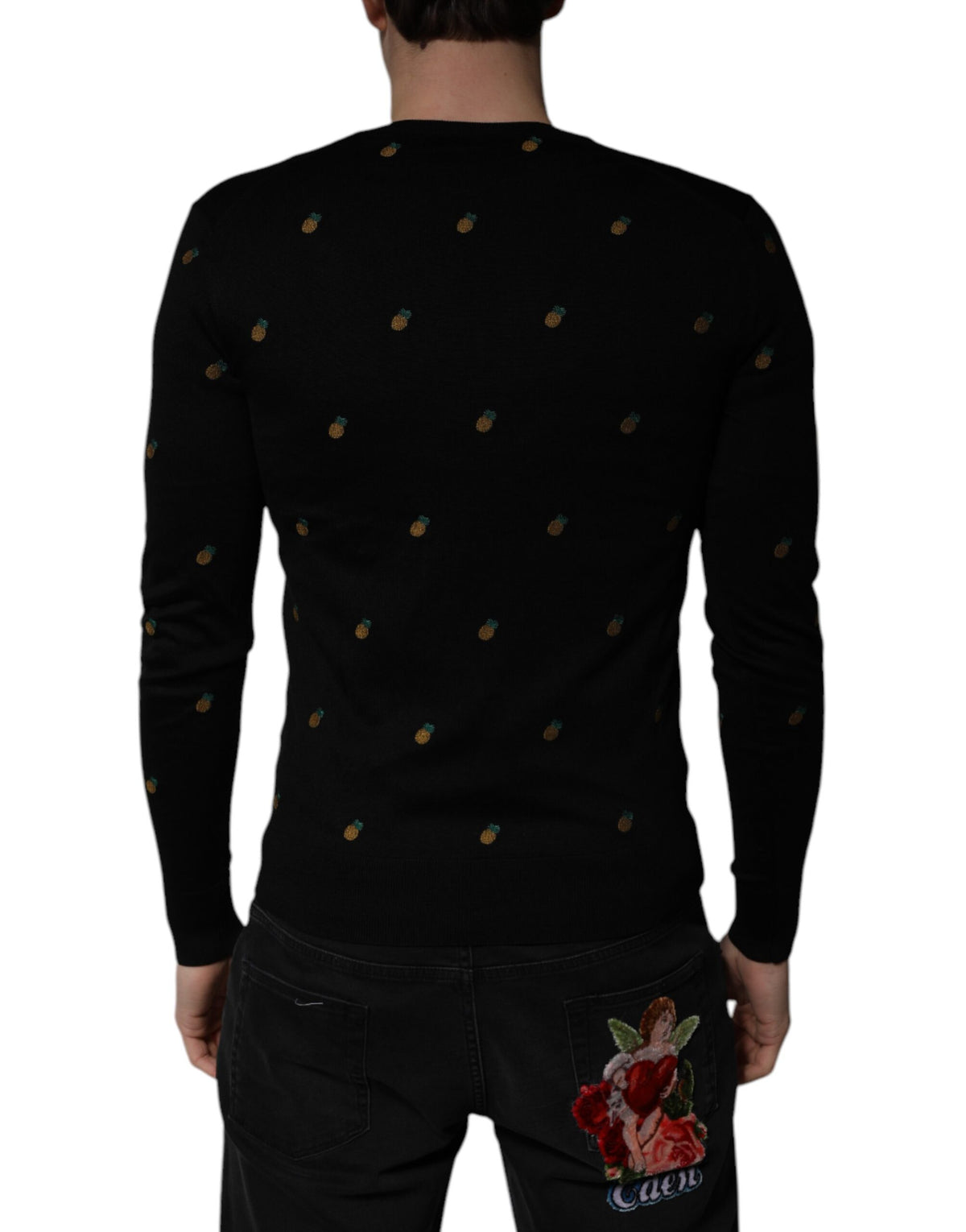 New Dolce & Gabbana Black Pineapple Crew Neck Pullover Sweater
