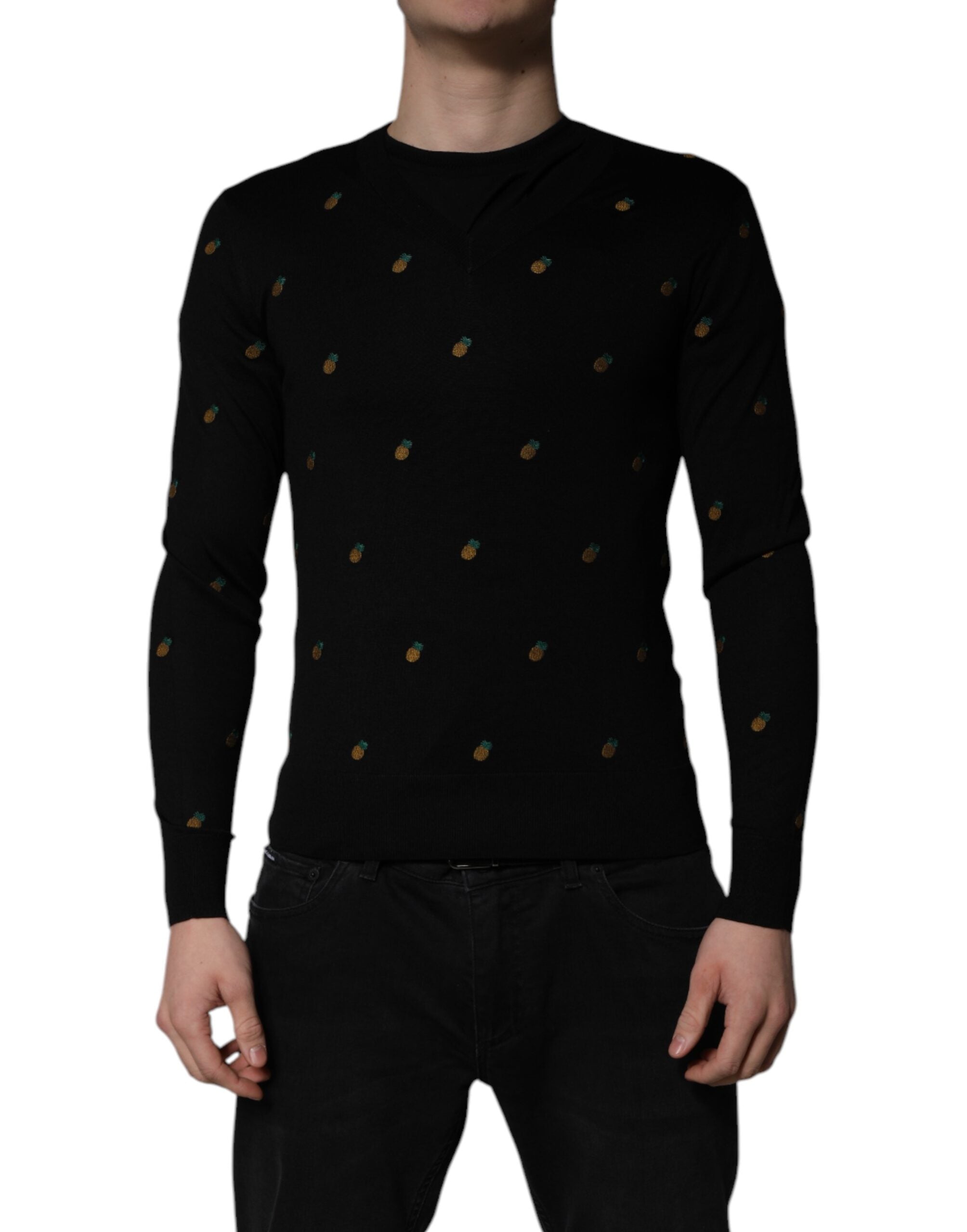 New Dolce & Gabbana Black Pineapple Crew Neck Pullover Sweater