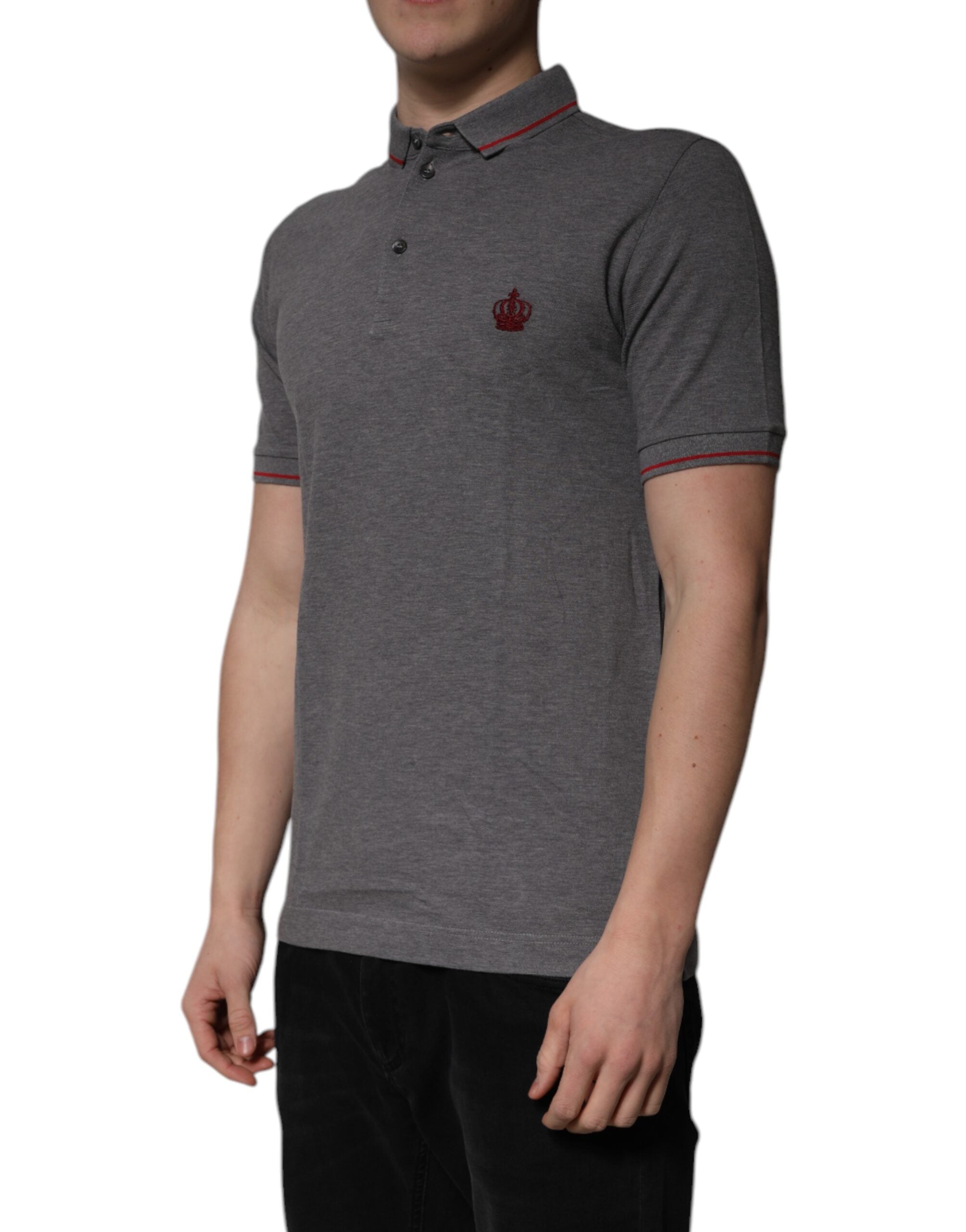 New Dolce & Gabbana Gray Cotton Crown Collared Polo T-shirt