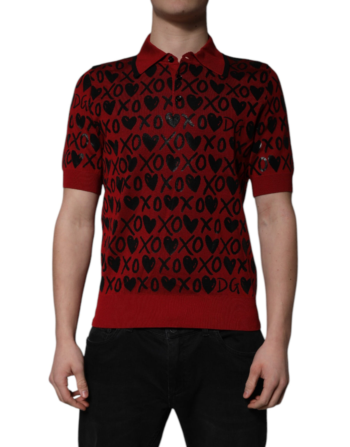 New Dolce & Gabbana Red Cotton XOXO Collared Polo T-shirt