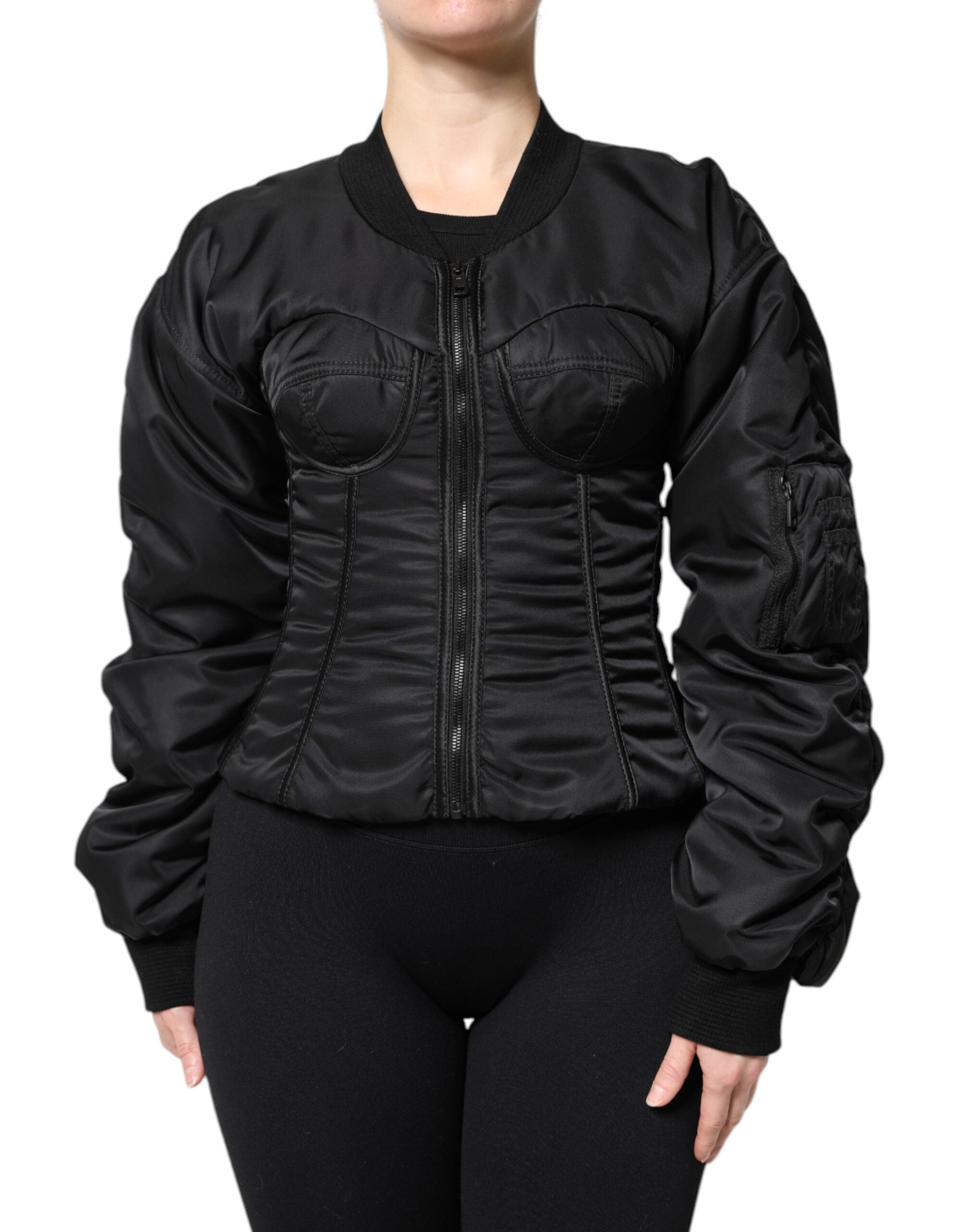 New Dolce & Gabbana Black Nylon Full Zip Bustier Corset Jacket