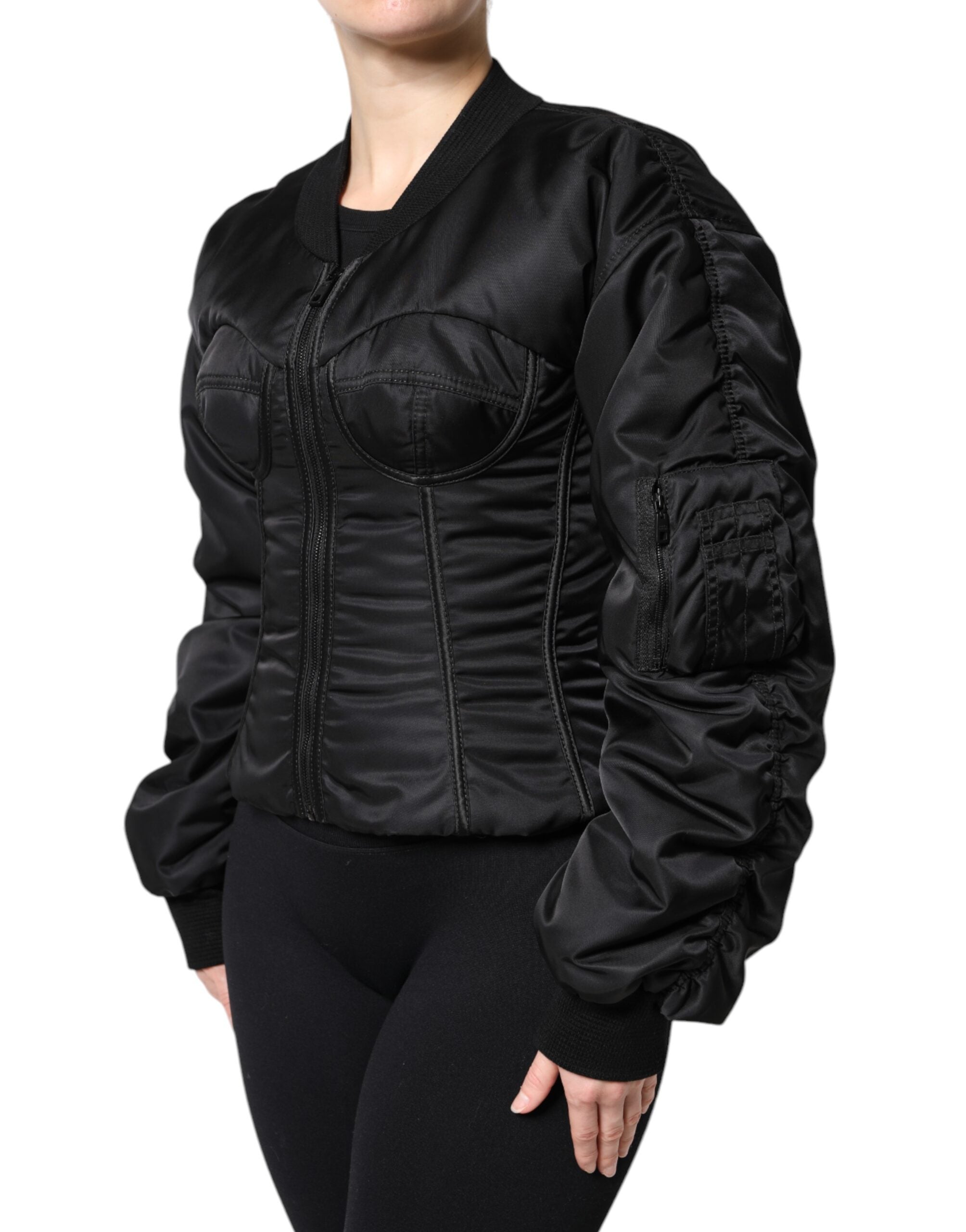 New Dolce & Gabbana Black Nylon Full Zip Bustier Corset Jacket