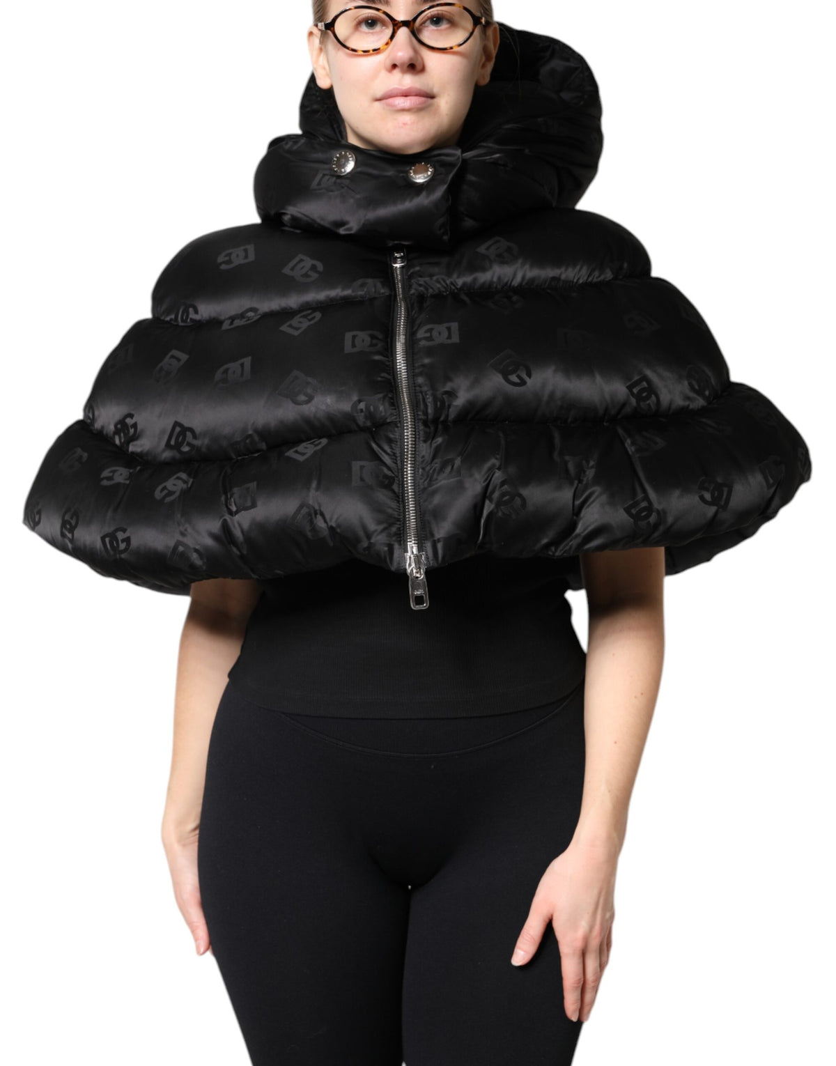 New Dolce & Gabbana Black Padded Puffer Hooded Full Zip Cropped Jacket
