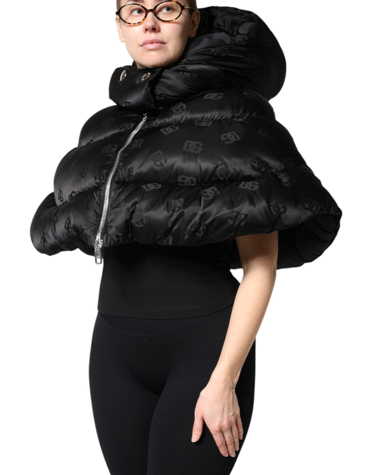 New Dolce & Gabbana Black Padded Puffer Hooded Full Zip Cropped Jacket