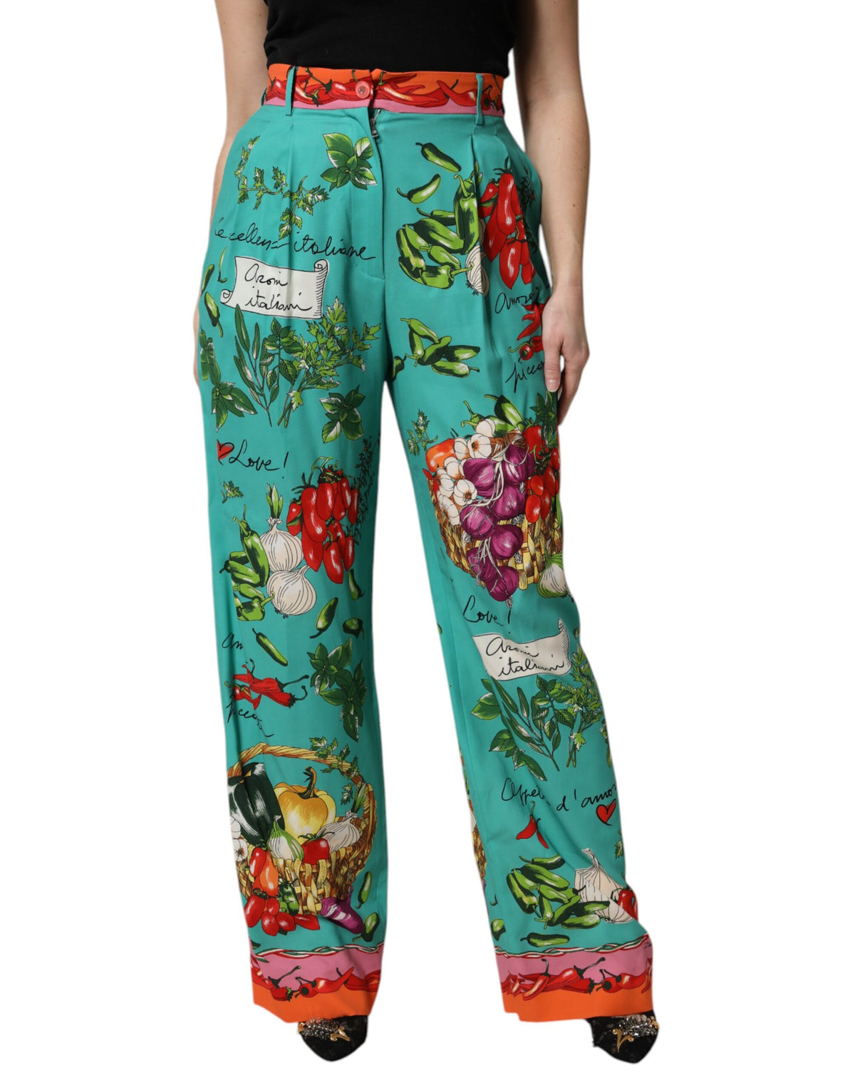 New Dolce & Gabbana Green Silk Printed Straight Pants