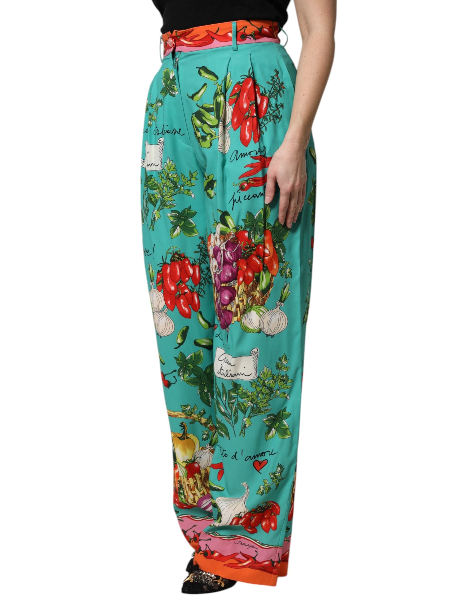 New Dolce & Gabbana Green Silk Printed Straight Pants