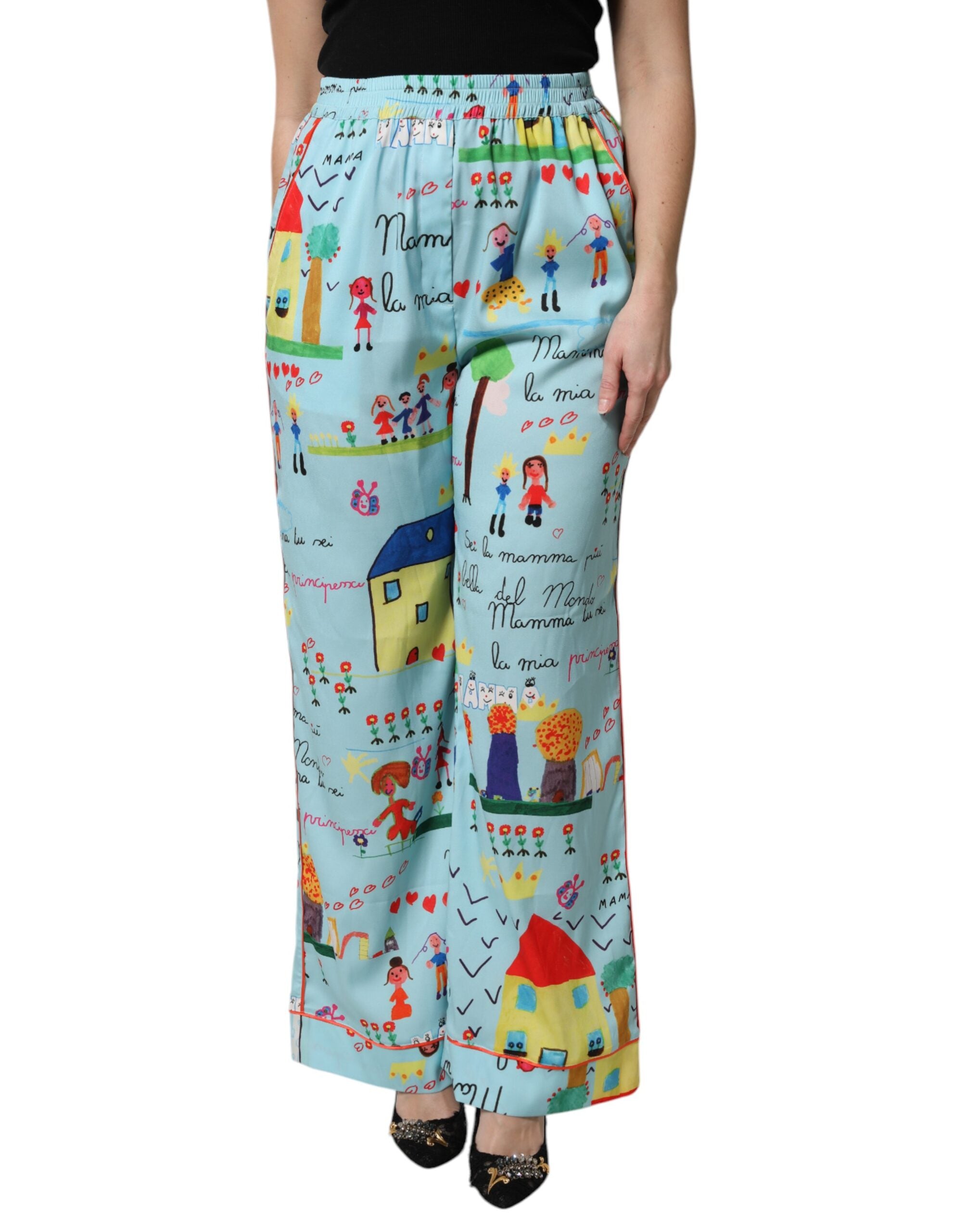 New Dolce & Gabbana Light Blue Drawing Mid Waist Wide Leg Pants