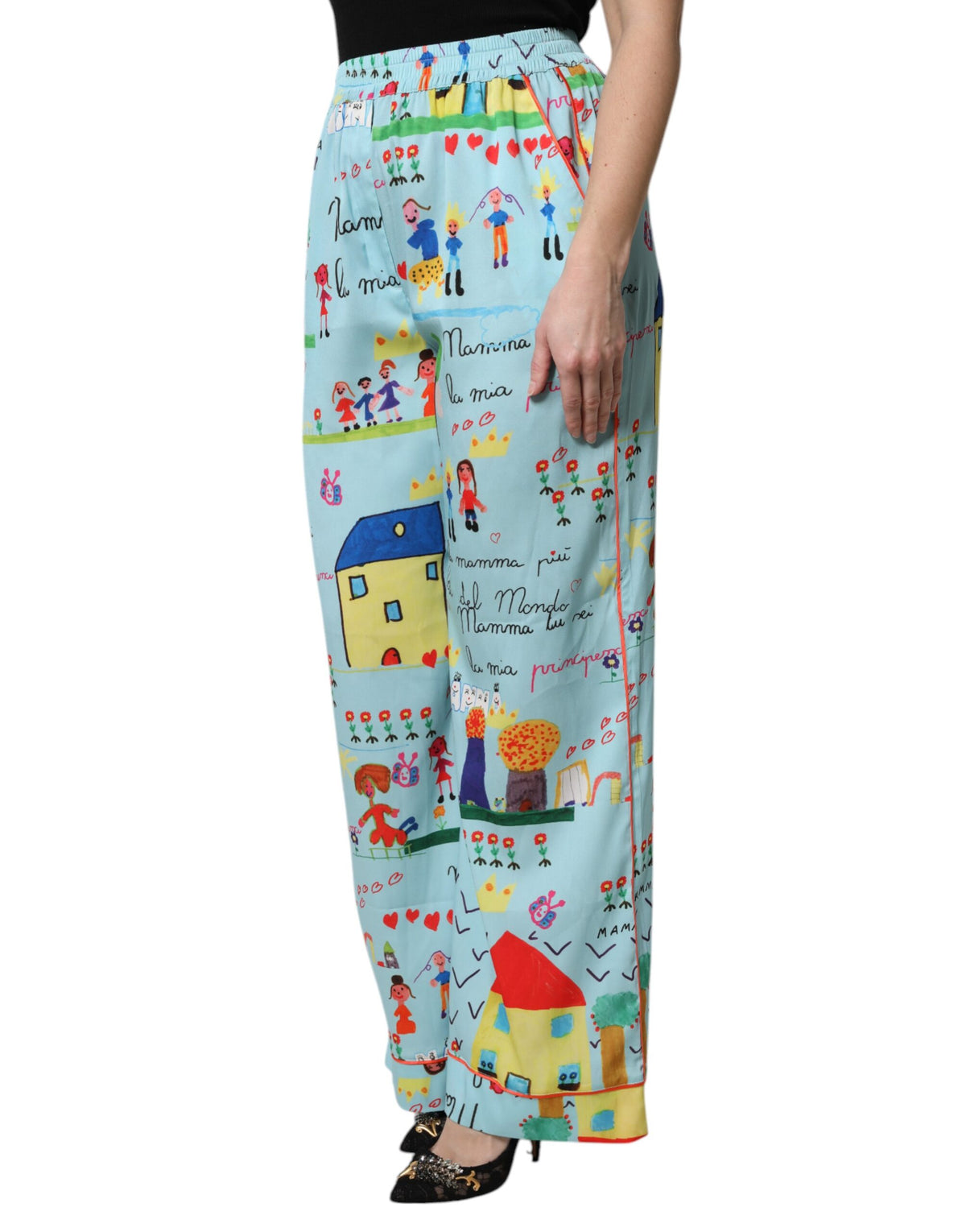 New Dolce & Gabbana Light Blue Drawing Mid Waist Wide Leg Pants