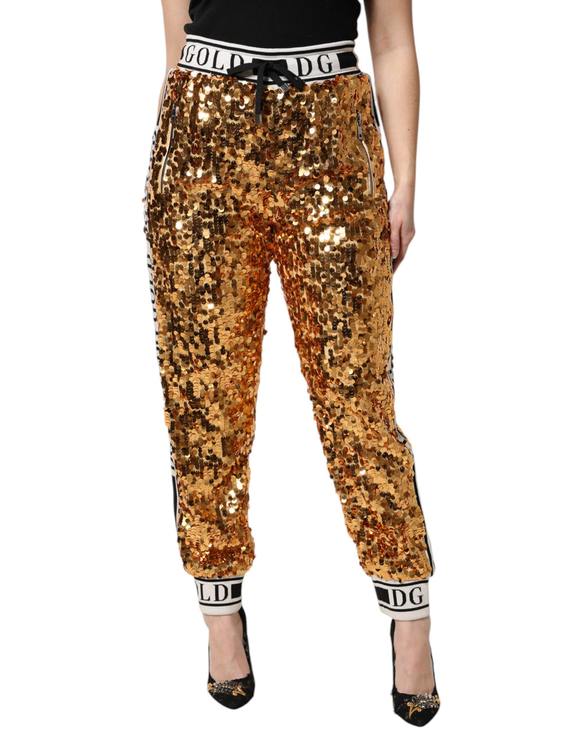 New Dolce & Gabbana Metallic Gold DG Logo Sequined Jogger Pants