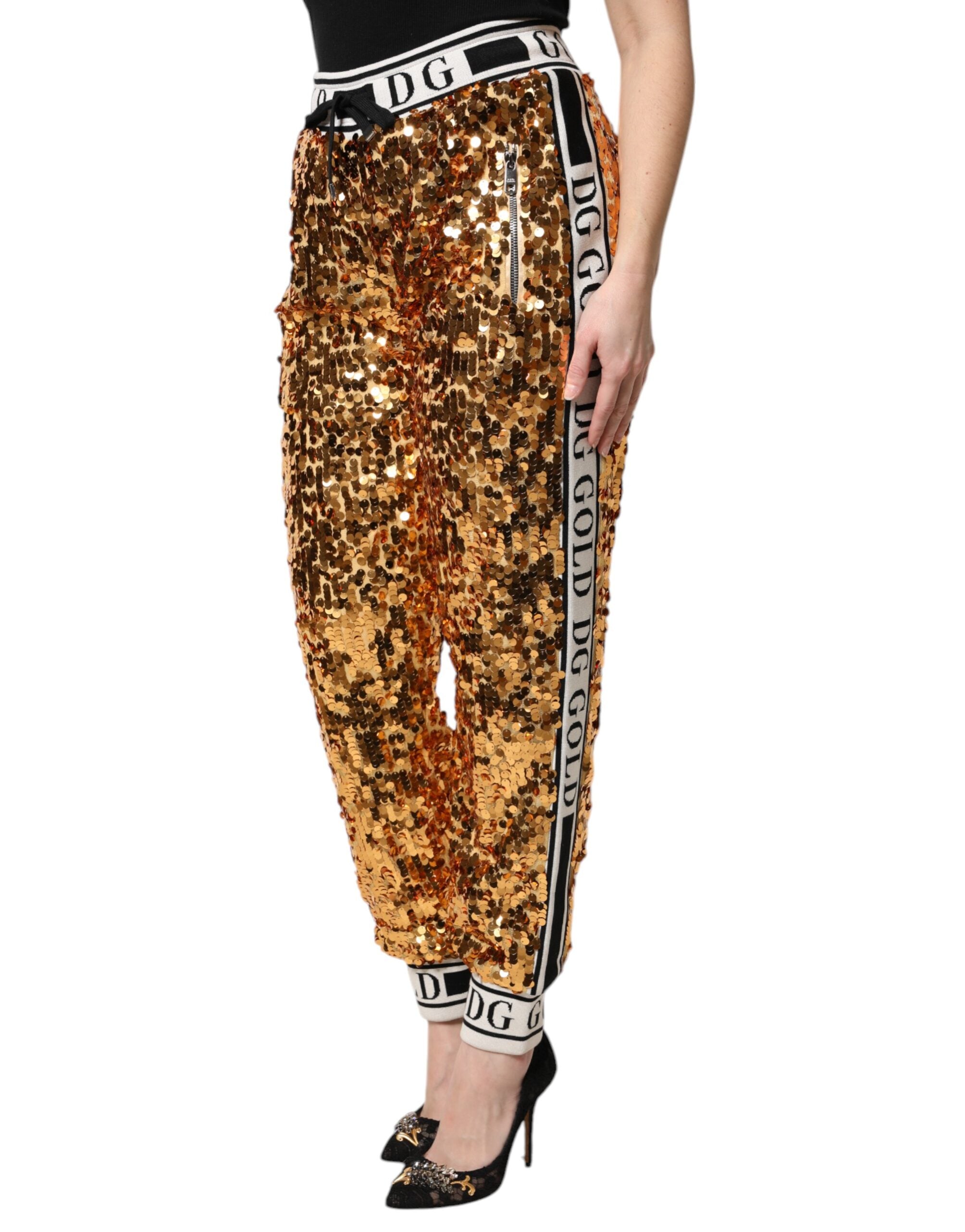New Dolce & Gabbana Metallic Gold DG Logo Sequined Jogger Pants