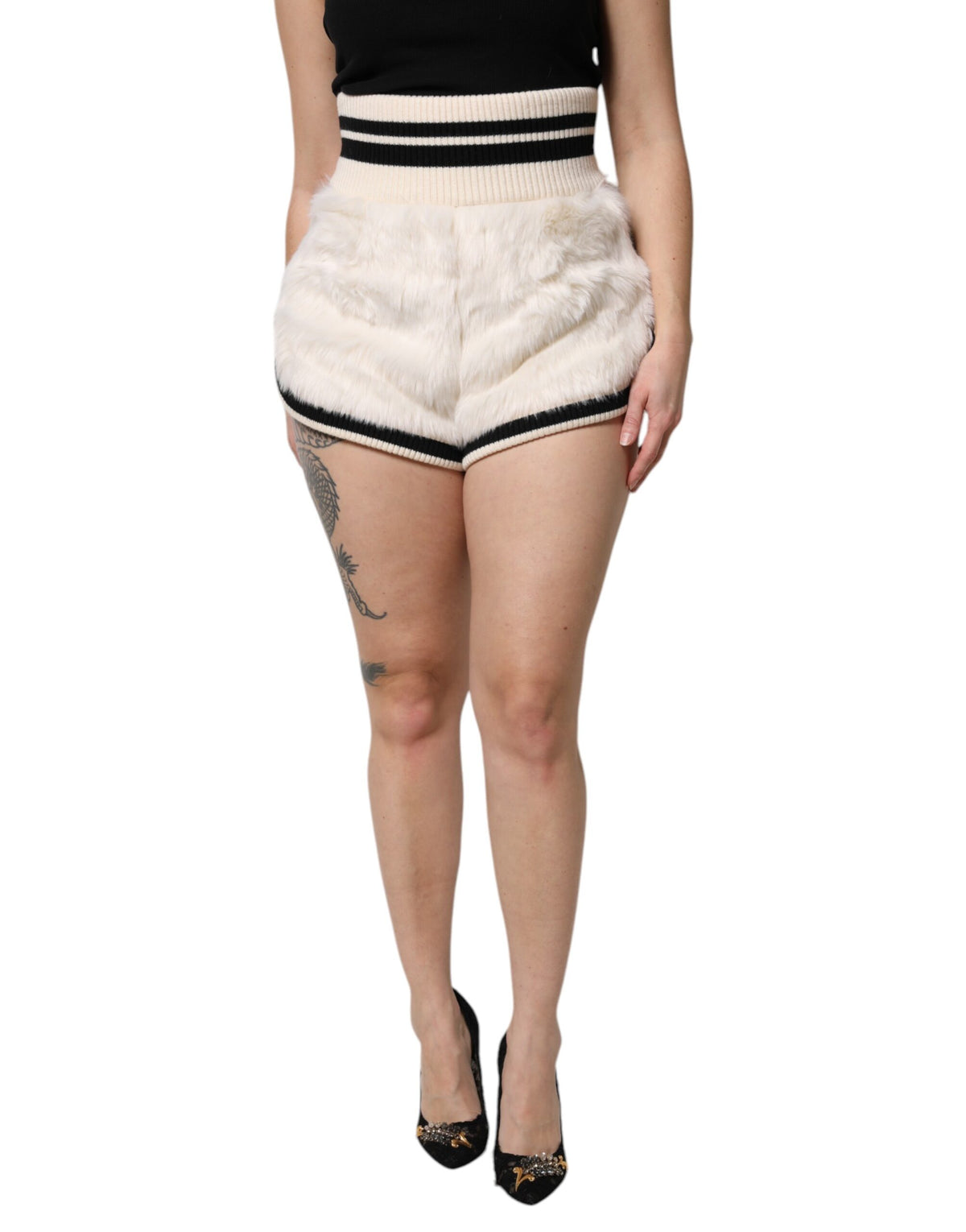 New Dolce & Gabbana White Faux Fur High Waisted Hot Pants Short
