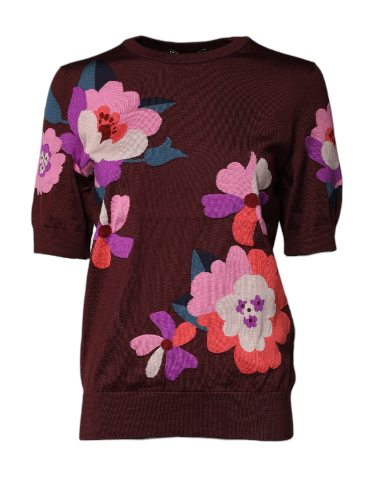 New Dolce & Gabbana Maroon Floral Silk Crew Neck Blouse Top