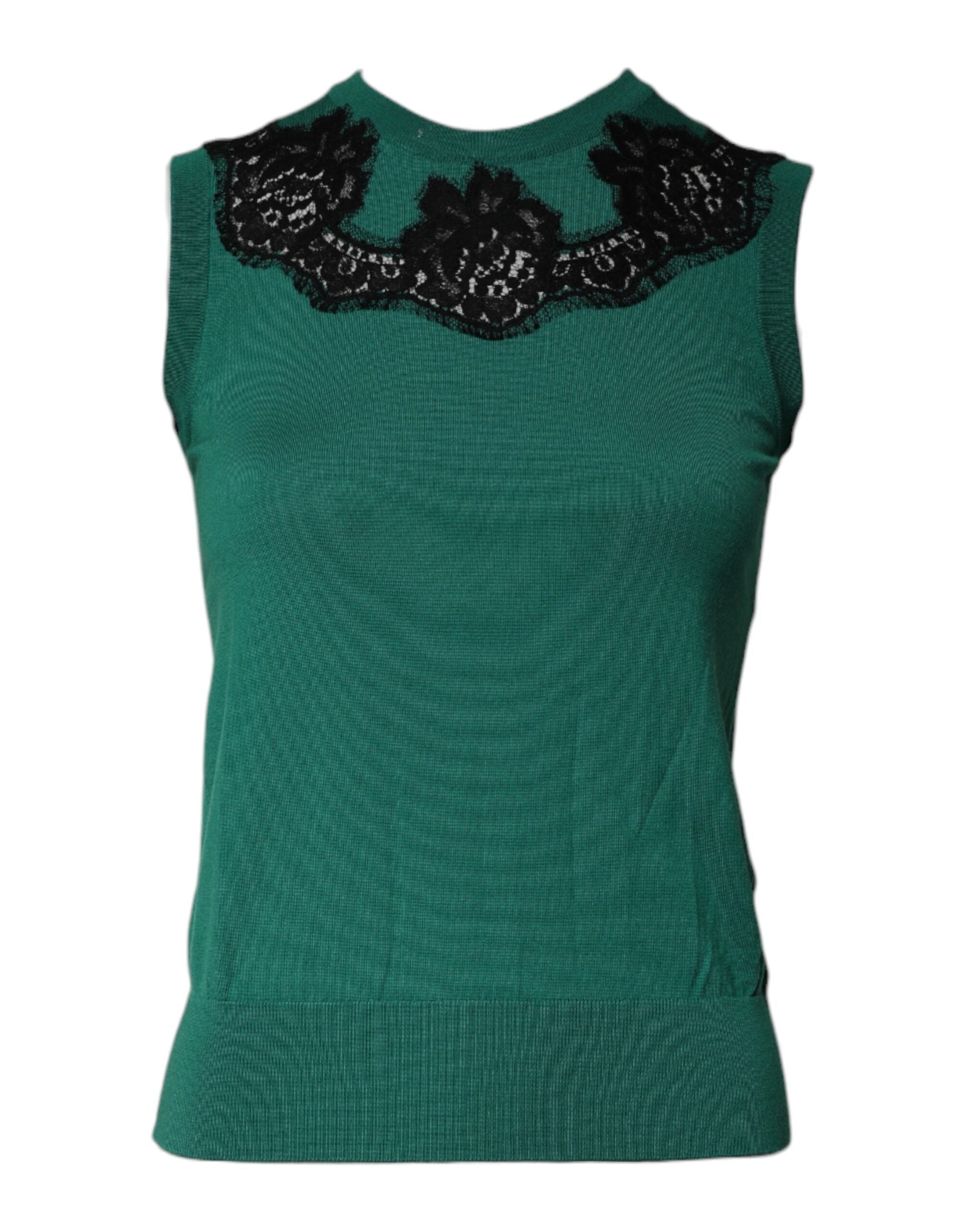 New Dolce & Gabbana Green Wool Lace Detail Sleeveless Tank Top