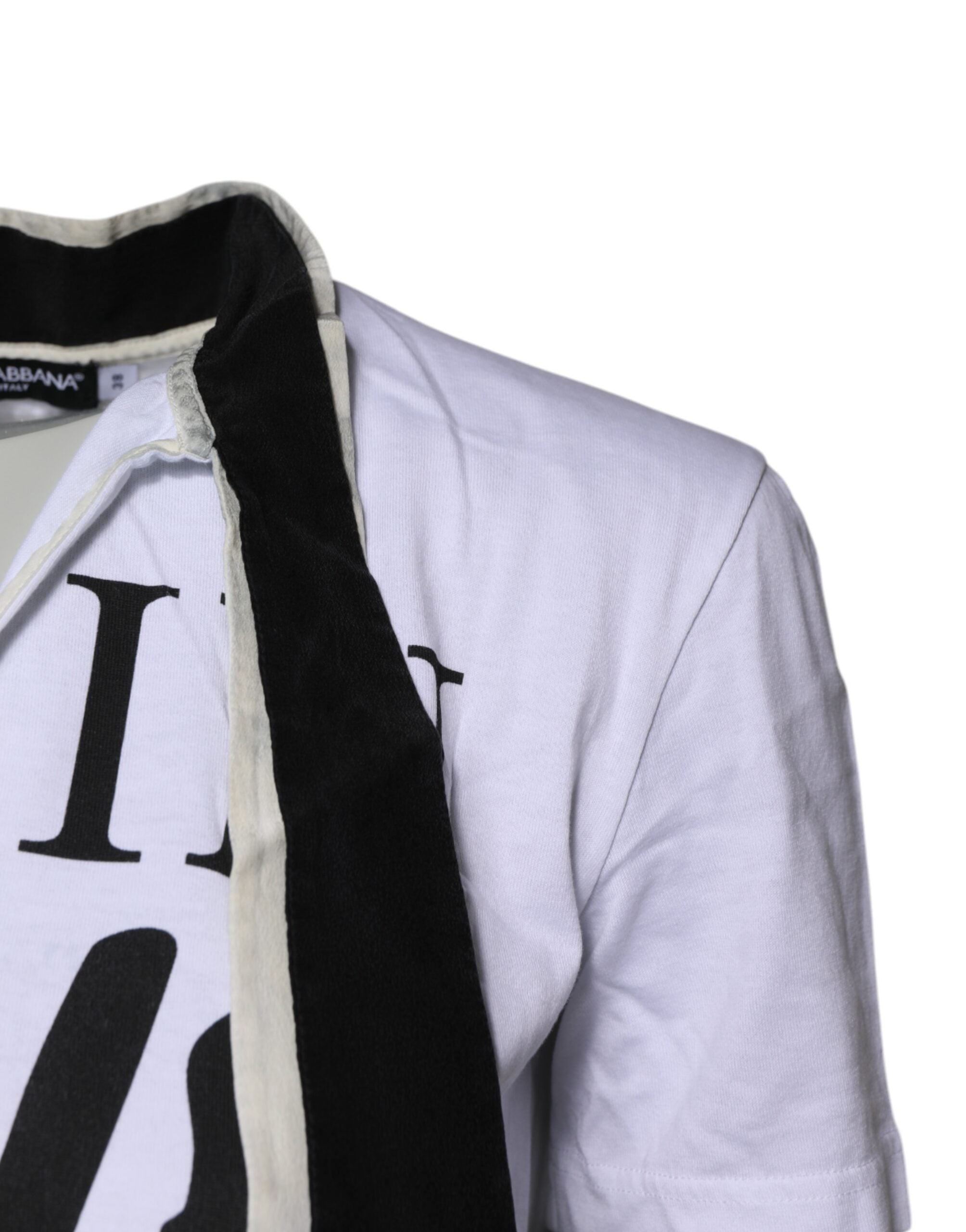 Dolce & Gabbana White Cotton Silk Blend Ascot Collar T-shirt